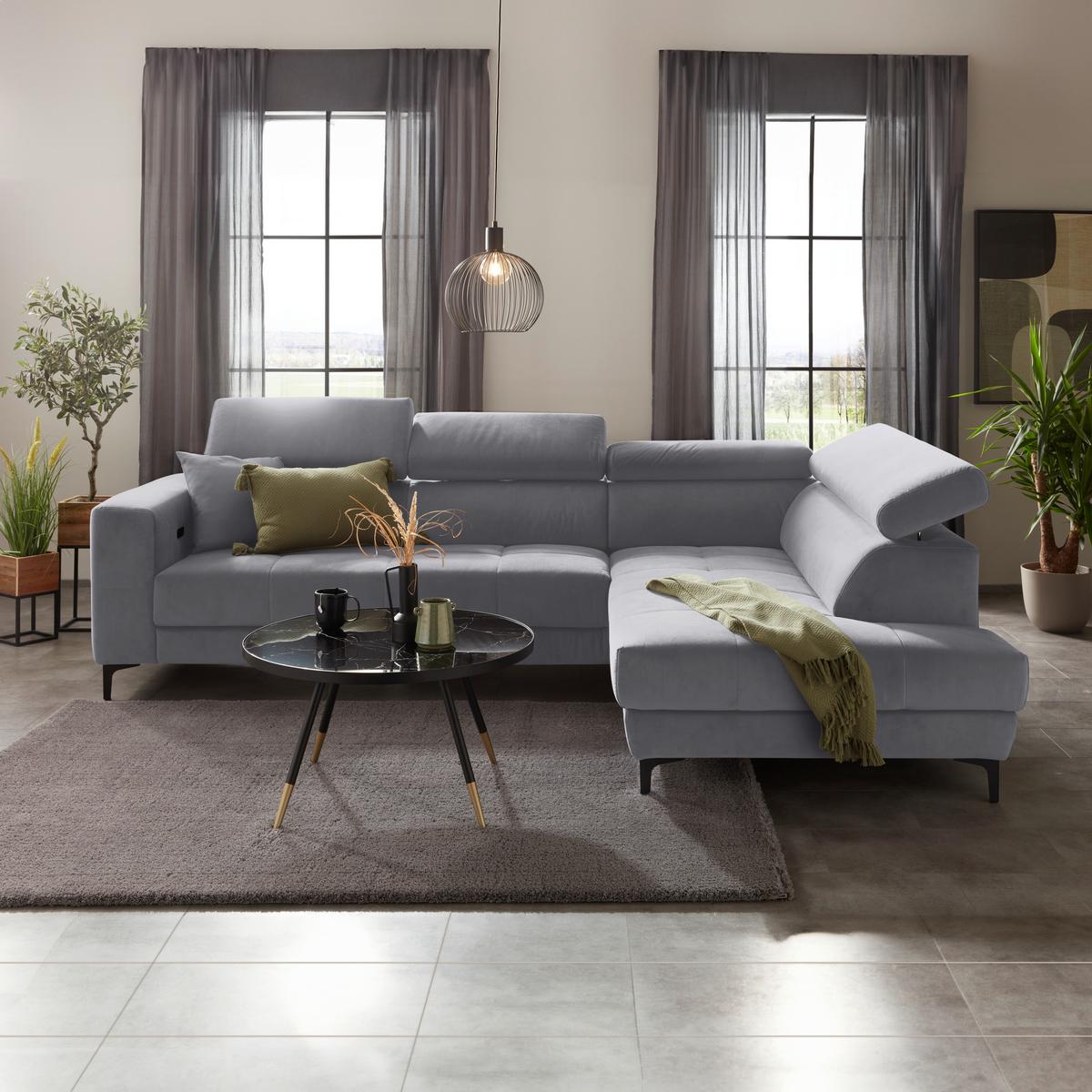 Rohová sedačka EMMA, pravá, šedobílá,op.hl.,USB,el.výsuv - černá/šedobílá, Moderní, textil (301/210cm) - Premium Living