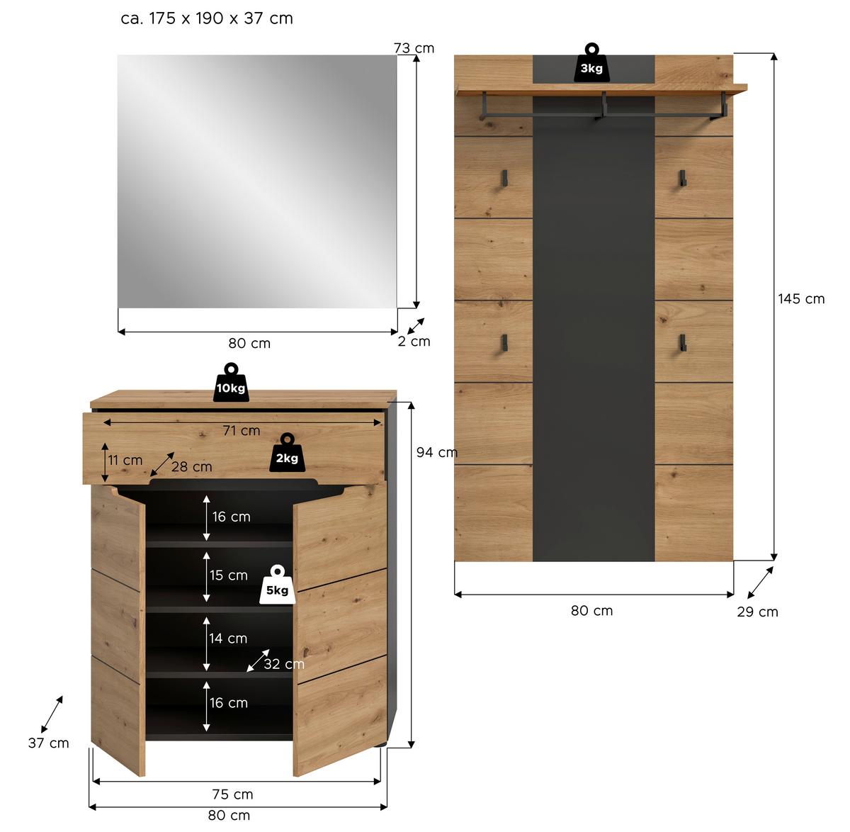 Garderobe Canu 3-teilig Eiche Artisan/grau B: 175 Cm - Eiche Artisan, Design, Holzwerkstoff (175/190/37cm) - Livetastic