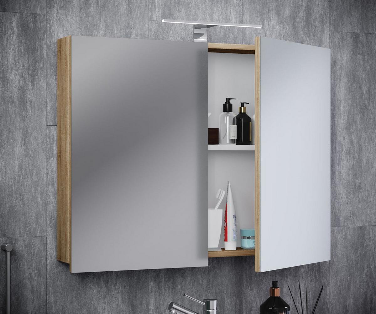 Spiegelschrank Badinos Mit Led 2-Türig Bxhxt: 60x59,2x12 Cm - Sonoma Eiche, MODERN, Glas/Holzwerkstoff (60/59,2/12cm) - MID.YOU