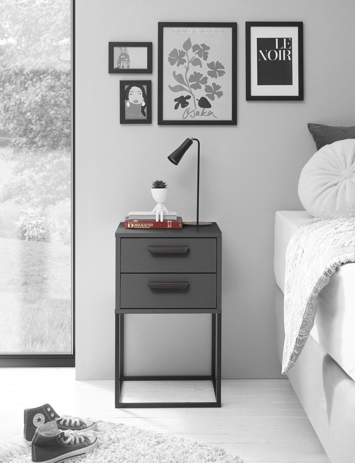 Nočný stolík SUNA 2 zásuvky dekor grafit - čierna/grafitová, Modern, kov/kompozitné drevo (40/65/38,5cm)