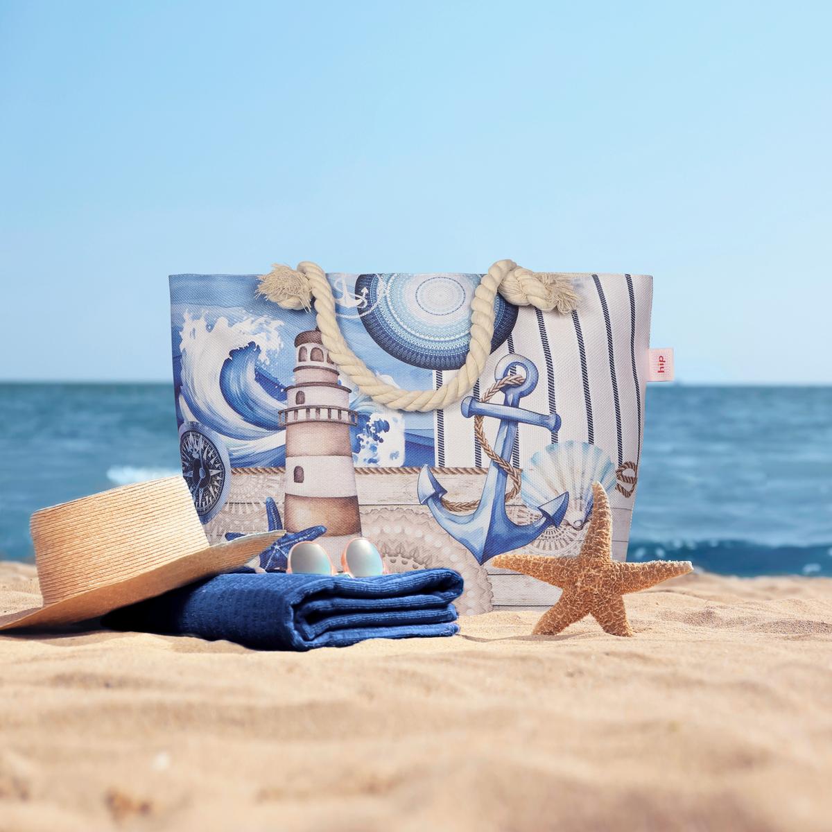 STRANDTASCHE ALDIANA - Sandfarben/Blau, Basics, Textil (60/43cm)
