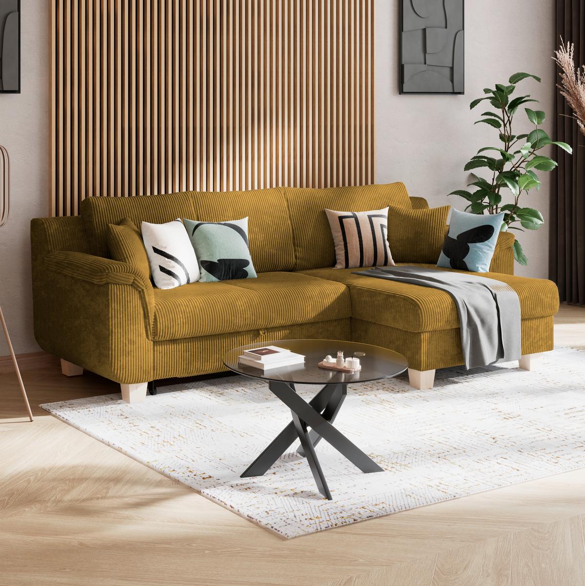 Rohová sedačka ALEX, medový manšestr - medová/přírodní barvy, Moderní, textil/plast (246/88cm)