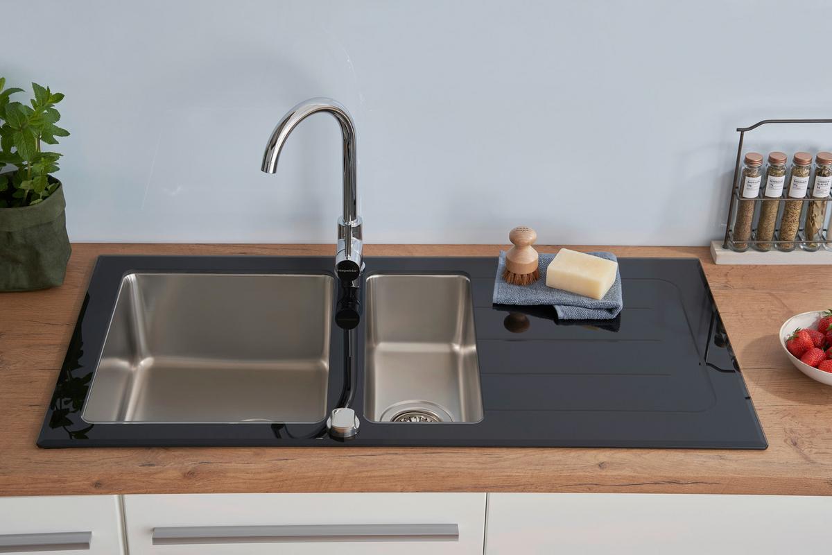 Spüle Respekta Glasspüle 100 X 50 cm - Schwarz, Trend, Glas/Metall (100/21/50cm) - Respekta