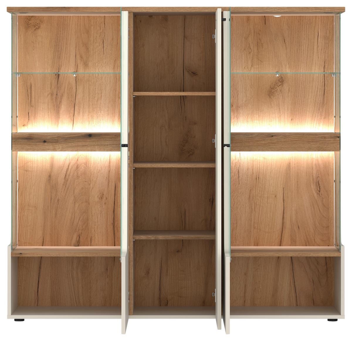 Vitrine 3-Türig, Cut Out B: 150 cm,kaschmir/Eichefarben - Kaschmir/Eichefarben, MODERN, Glas/Holzwerkstoff (150/140/40cm) - Premium Living