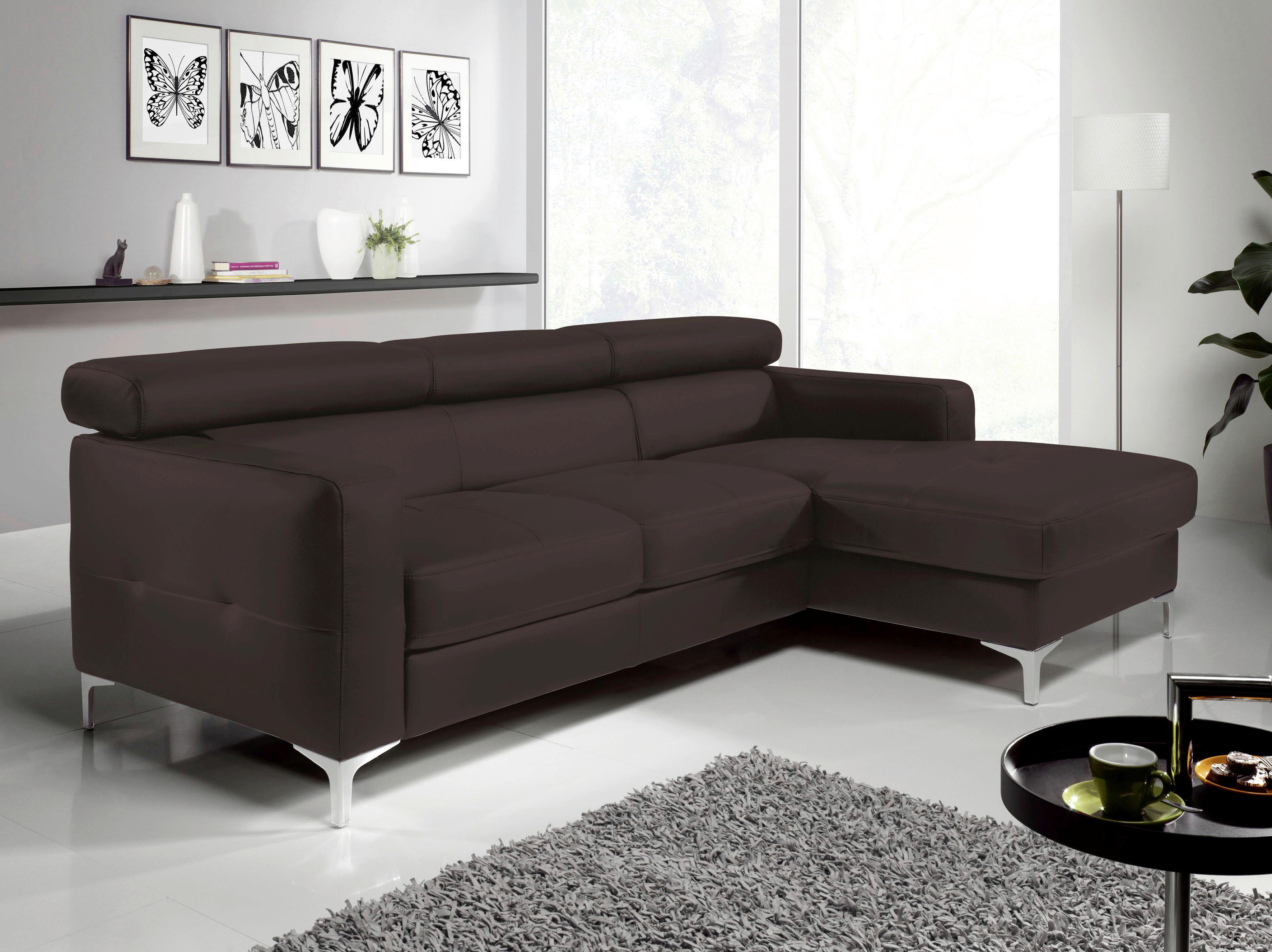 Ecksofa Sammy Dunkelbraun Leder - Chromfarben/Dunkelbraun, Design, Leder (226/169cm) - Livetastic