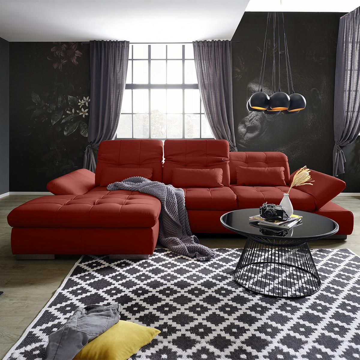 Rohová sedačka SANFINO, ľavá, červená pravá koža - chrómová/červená, Konventionell, kov/koža (199/79-96/305cm) - Premium Living