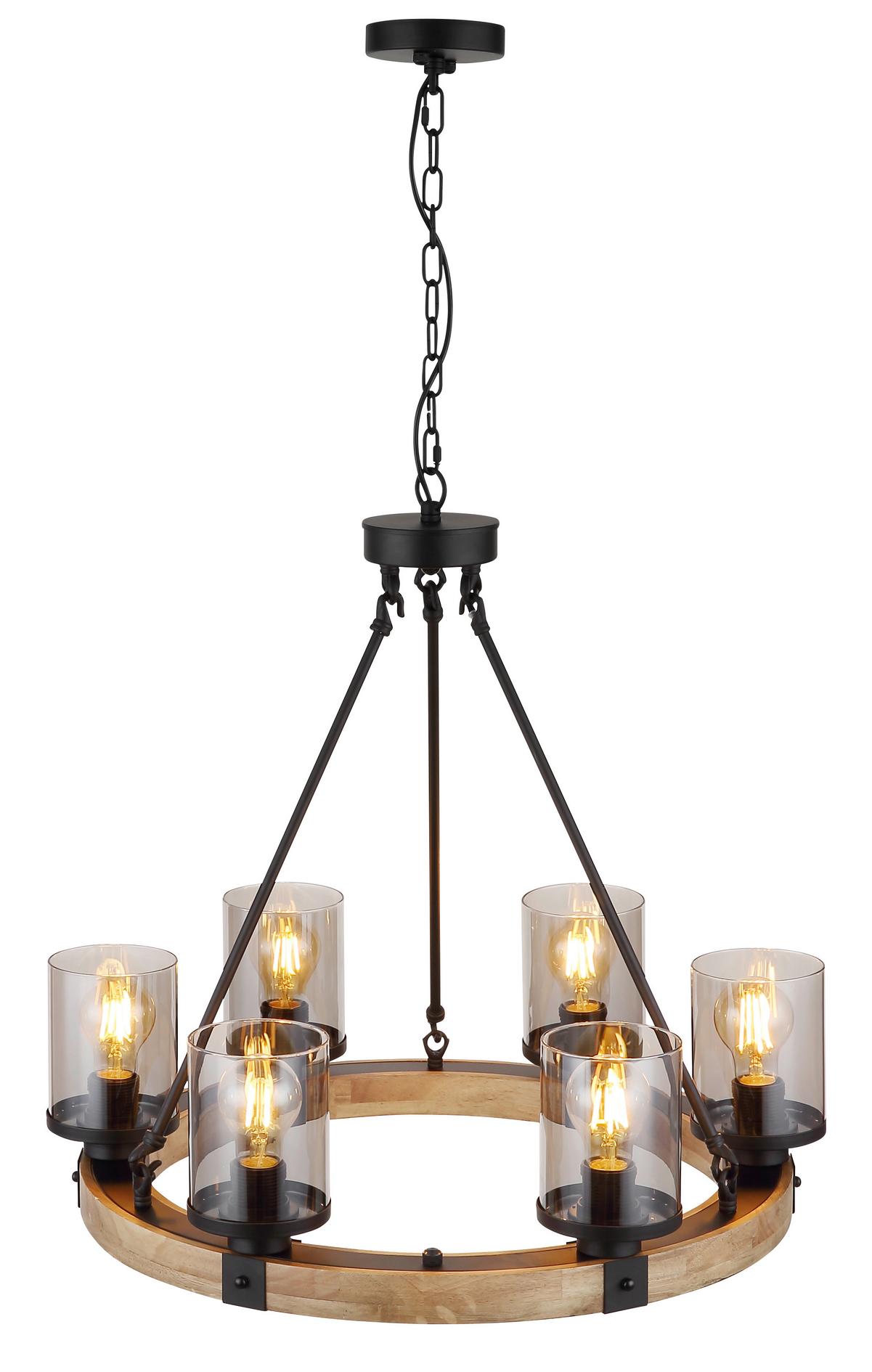 Hängeleuchte 15555-6h - Dunkelbraun/Schwarz, Natur, Glas/Holz (59/98cm) - Globo