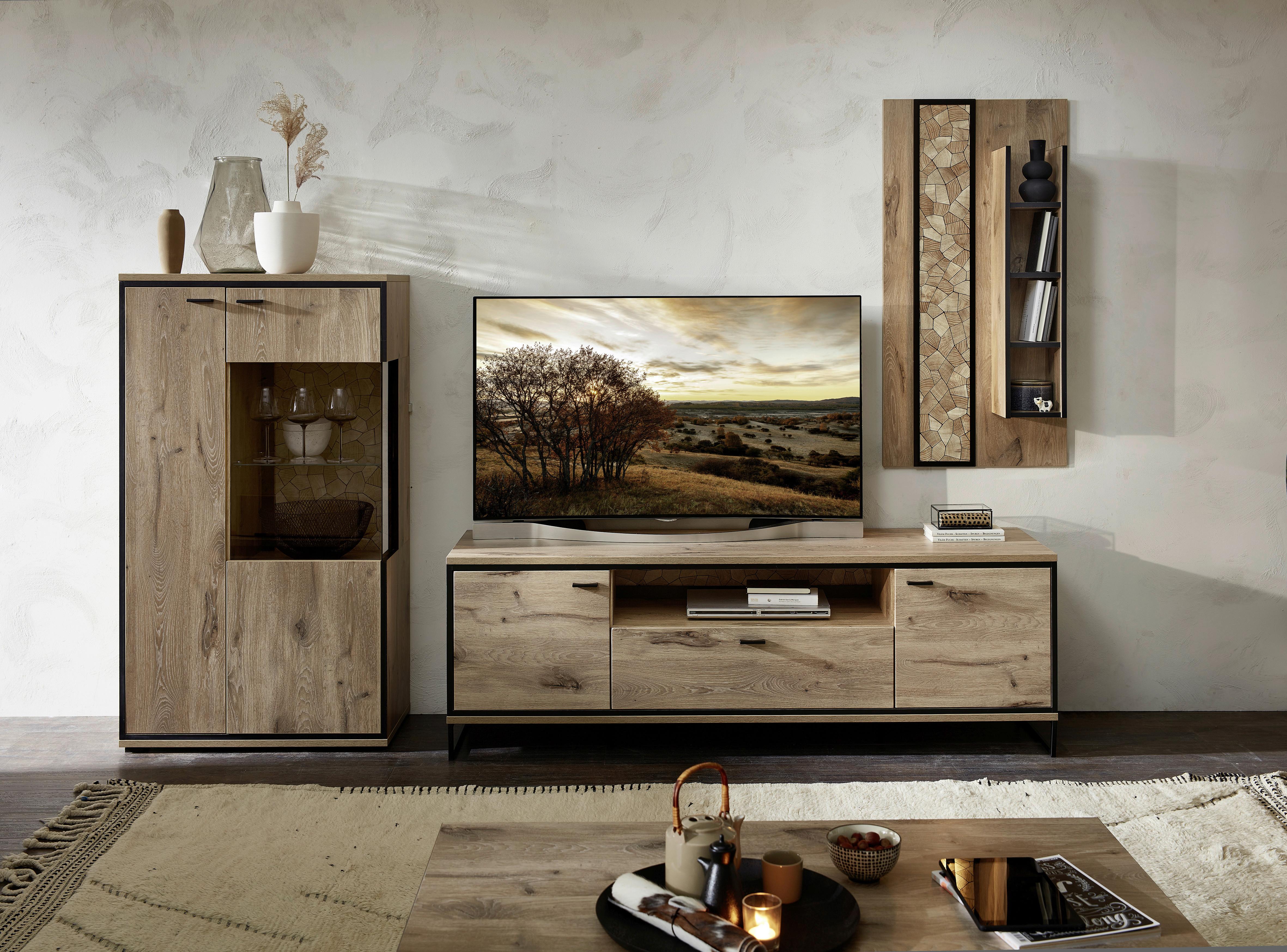 Wohnwand Ruben - Eichefarben/Schwarz, KONVENTIONELL, Glas/Holzwerkstoff (290/201/49cm) - Livetastic