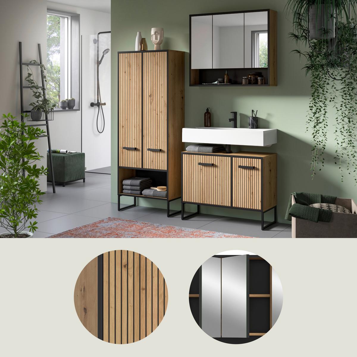 Badezimmer Bagno Schwarz /Eiche Artisan Dekor B: 139cm - Schwarz/Eiche Artisan, Trend, Glas/Holzwerkstoff (139cm) - MID.YOU
