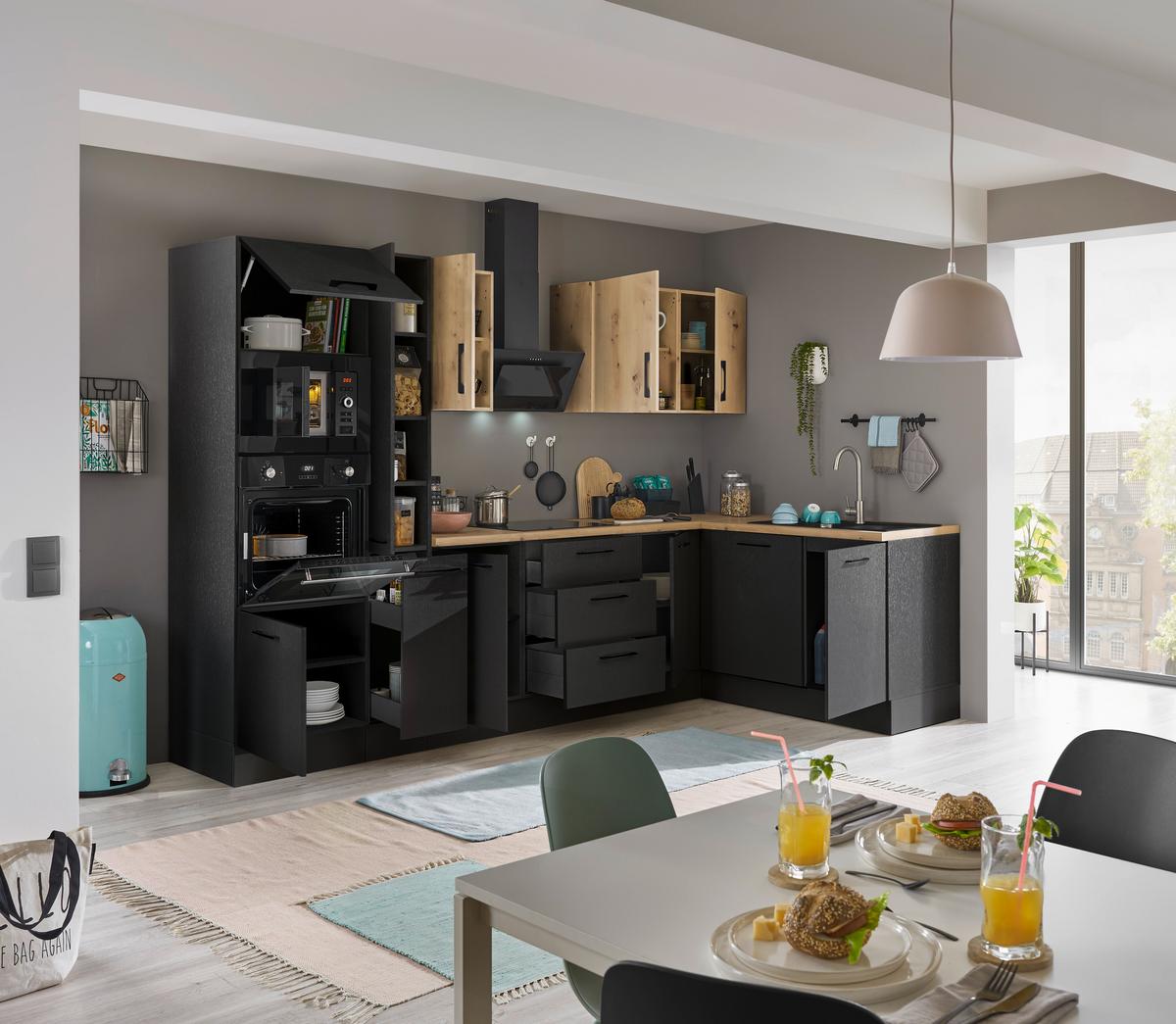 Eckküche Turin Schwarz/Eiche Dekor 310x175 cm - Schwarz/Eiche Artisan, Basics, Holzwerkstoff (310/175cm) - MID.YOU