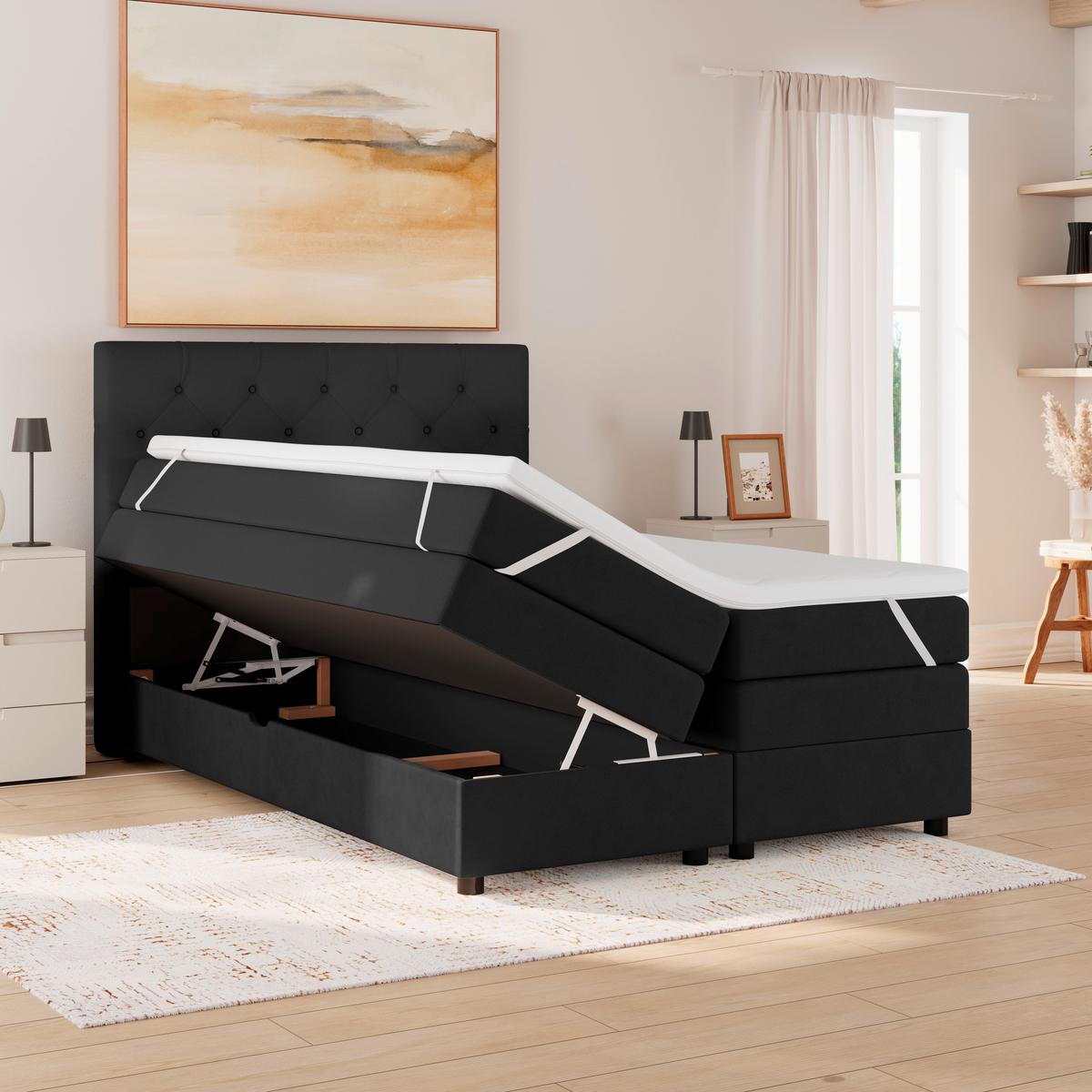 Boxspringbett Elio Schwarz 140x200 cm H4 - Schwarz, ROMANTIK / LANDHAUS, Textil (144/121/212cm) - James Wood