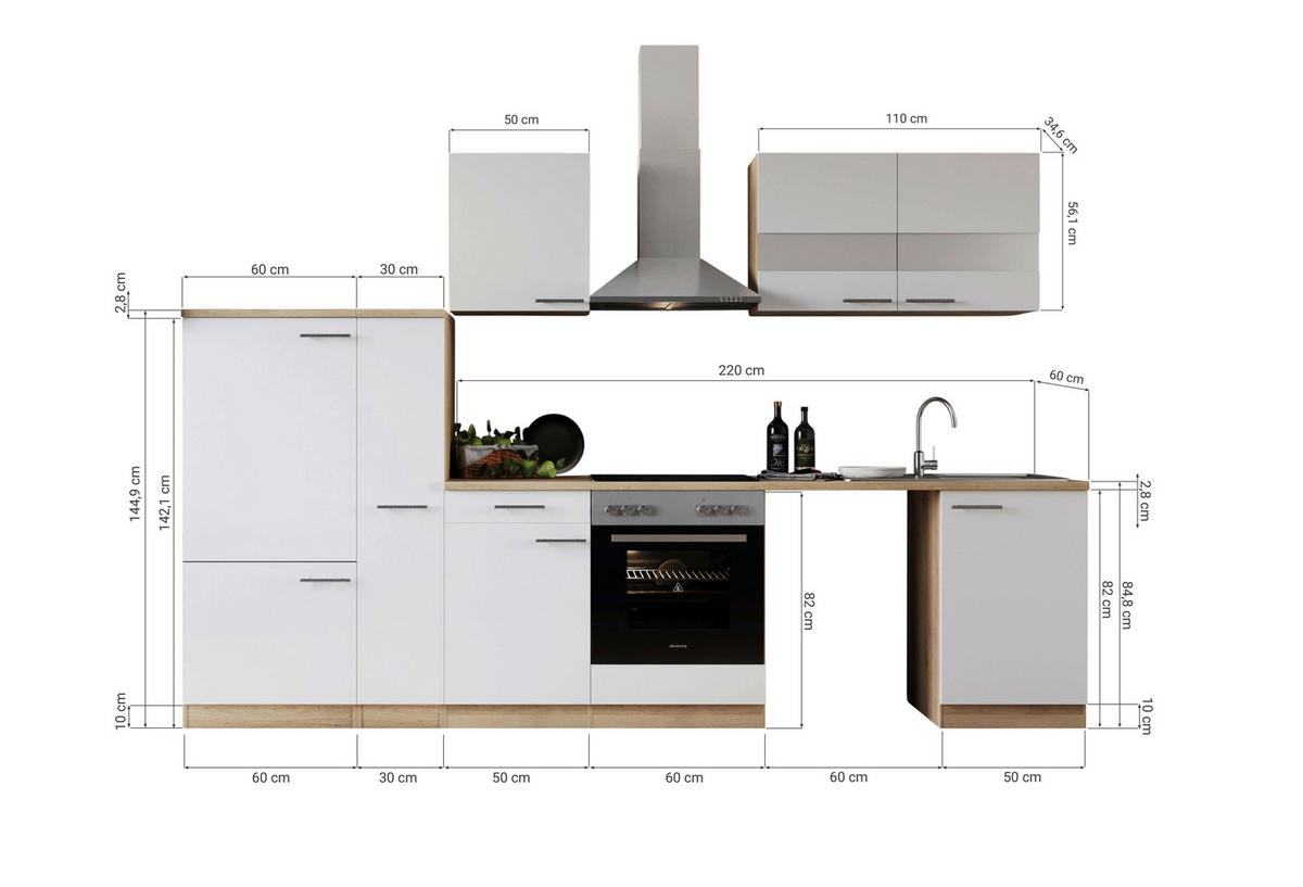 Küchenblock Merle Grau B: 310 cm - Eichefarben/Grau, Basics, Glas/Holzwerkstoff (310cm) - Respekta