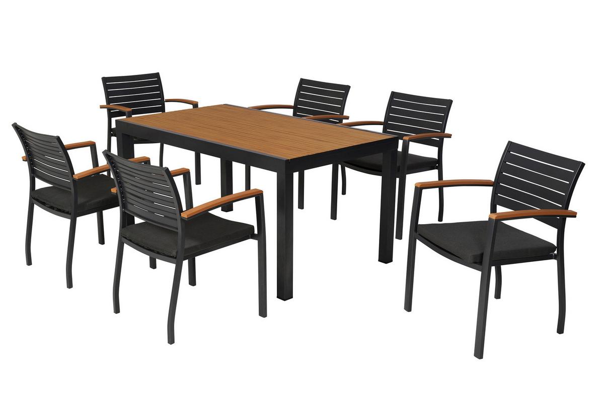 Gartentischgruppe 7-teilig. Set inkl. Sitzkissen - Graphitfarben/Naturfarben, KONVENTIONELL, Kunststoff/Textil - Gardenson