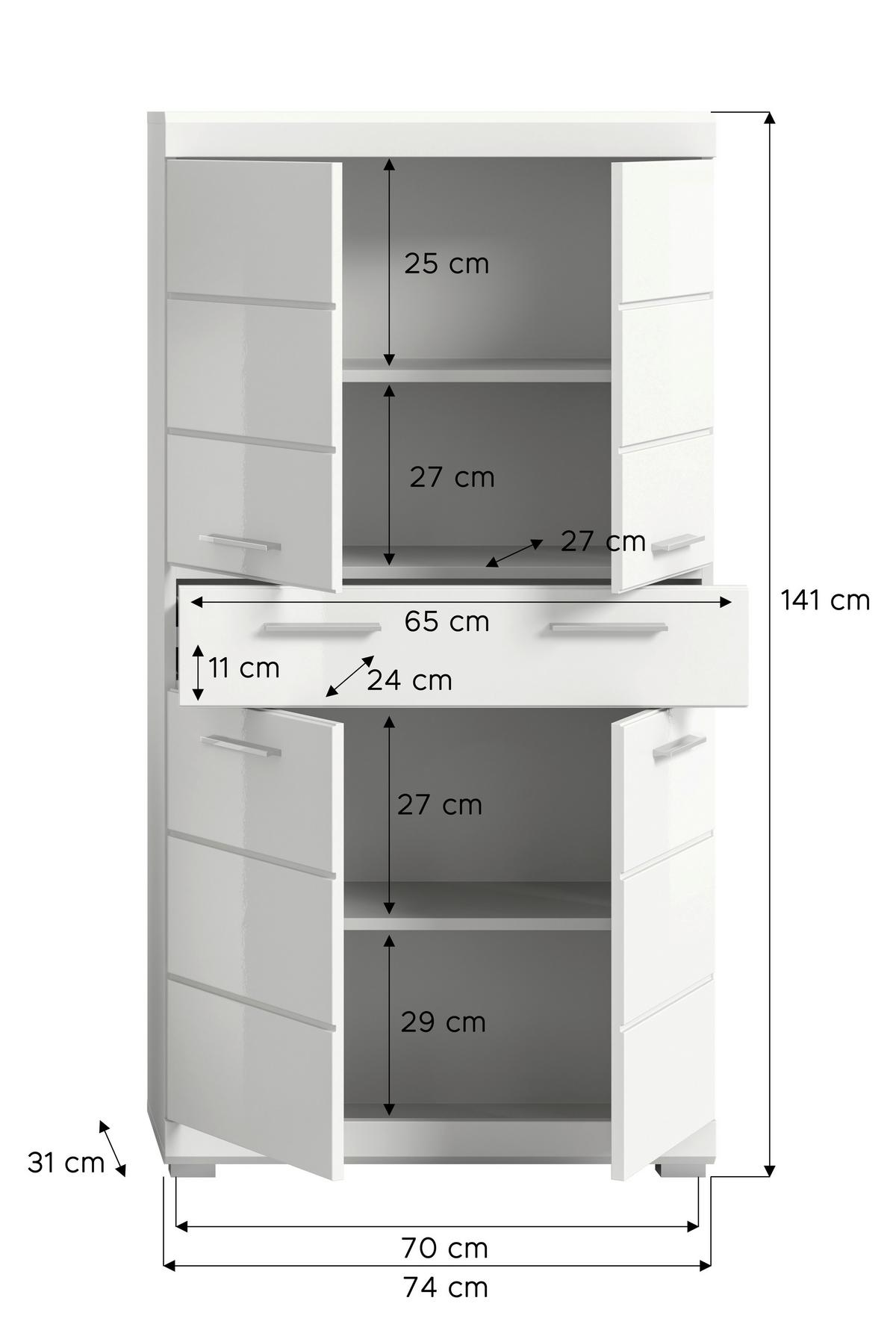 Midischrank Scout Weiß Hg B: 74 cm - Weiß Hochglanz/Silberfarben, MODERN, Holzwerkstoff (74/141/31cm) - MID.YOU