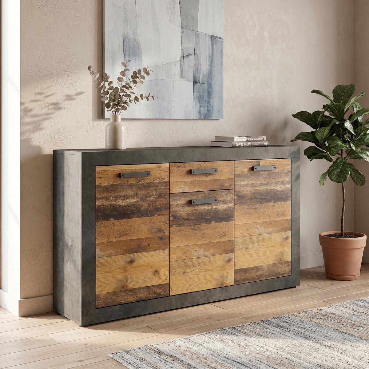 Sideboard Kassel Eichefarben B: 135,2 cm - Eichefarben/Schwarz, ROMANTIK / LANDHAUS, Holzwerkstoff (135,2/86/35cm) - MID.YOU
