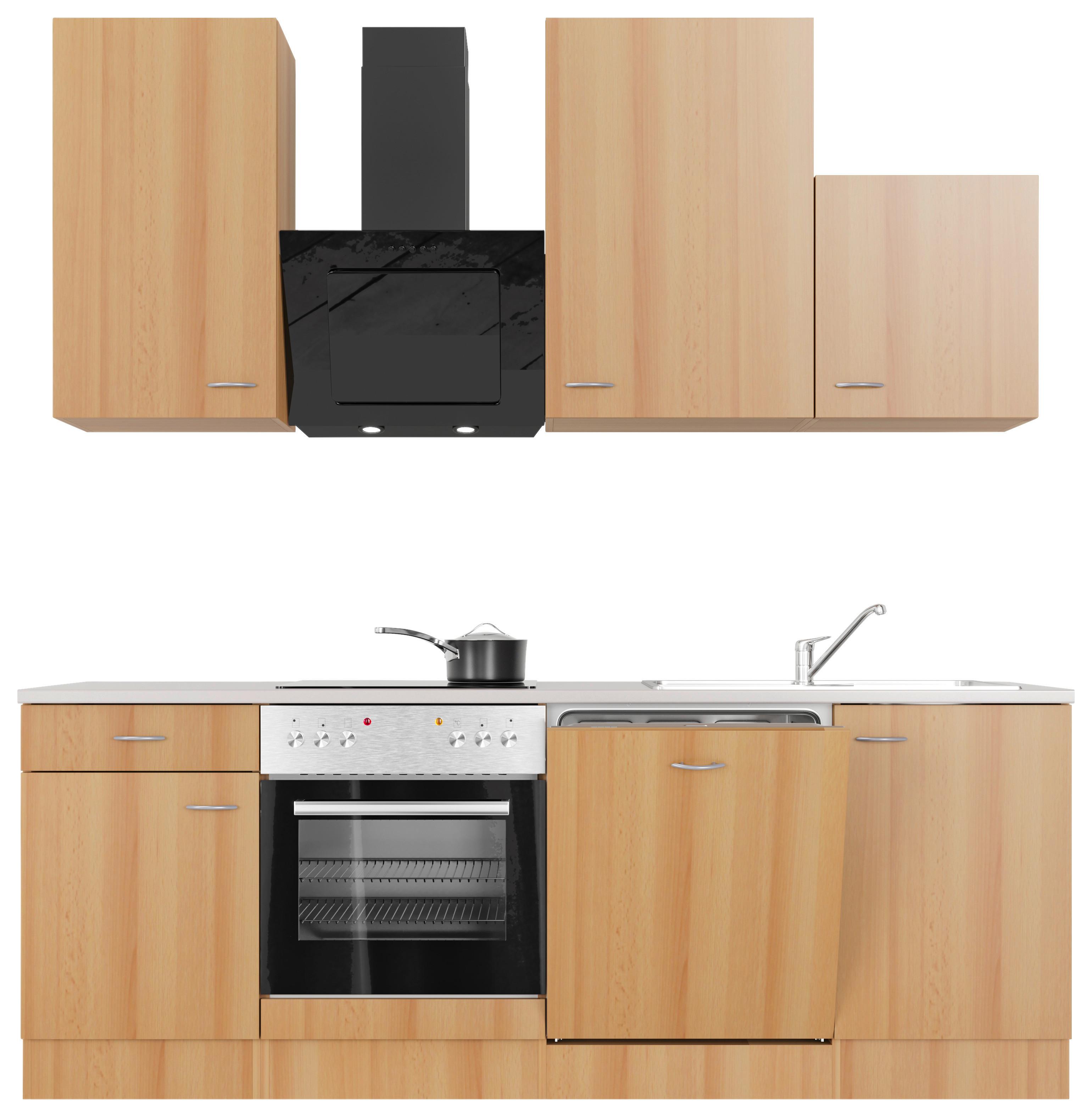 Küchenzeile Nano mit Geräten 220 cm Creme/Buche Dekor - Beige/Buchefarben, MODERN, Holzwerkstoff (220cm) - FlexWell