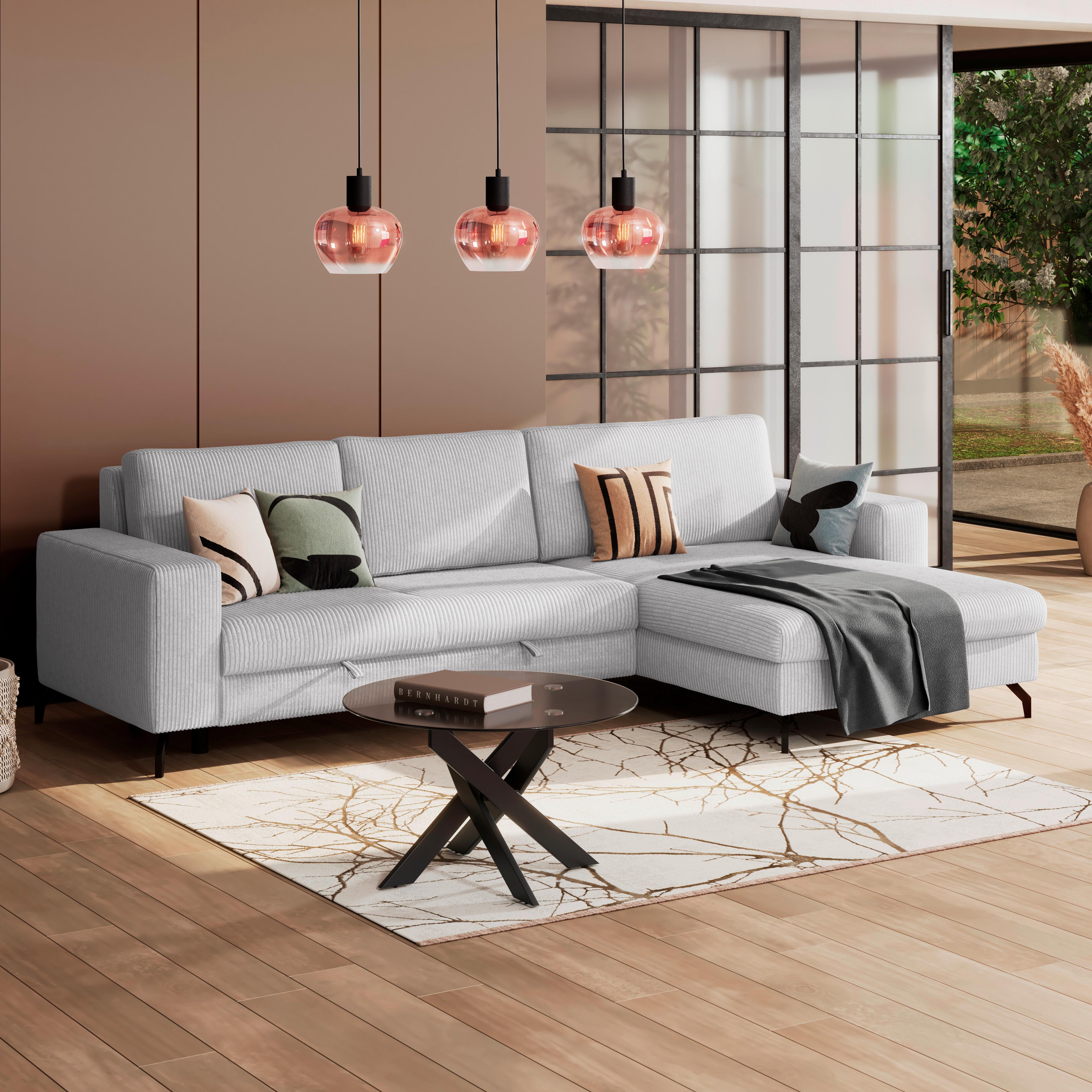 Ecksofa mit Bettkasten Cloud Hellgrau Cord 290x178 cm - Hellgrau, Trend, Textil (290/178cm)