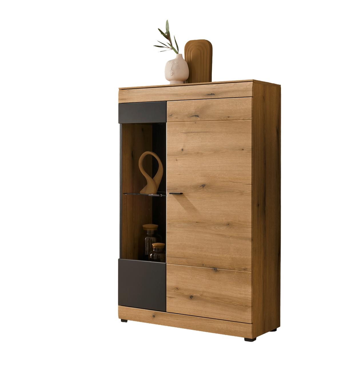 Vitrine Soleto Graphit-/Eichefarben B: 90cm - Eichefarben/Schwarz, Design, Glas/Holzwerkstoff (90/141/35cm) - MID.YOU