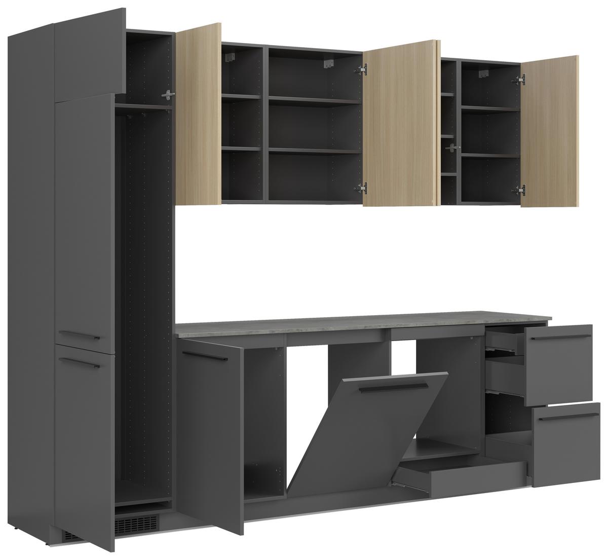 Kuchynská linka MILINO MEDIUM vrát.obkladu a LED regálu - čierna/sivá, Basics, kompozitné drevo/plast (285cm) - Visiona