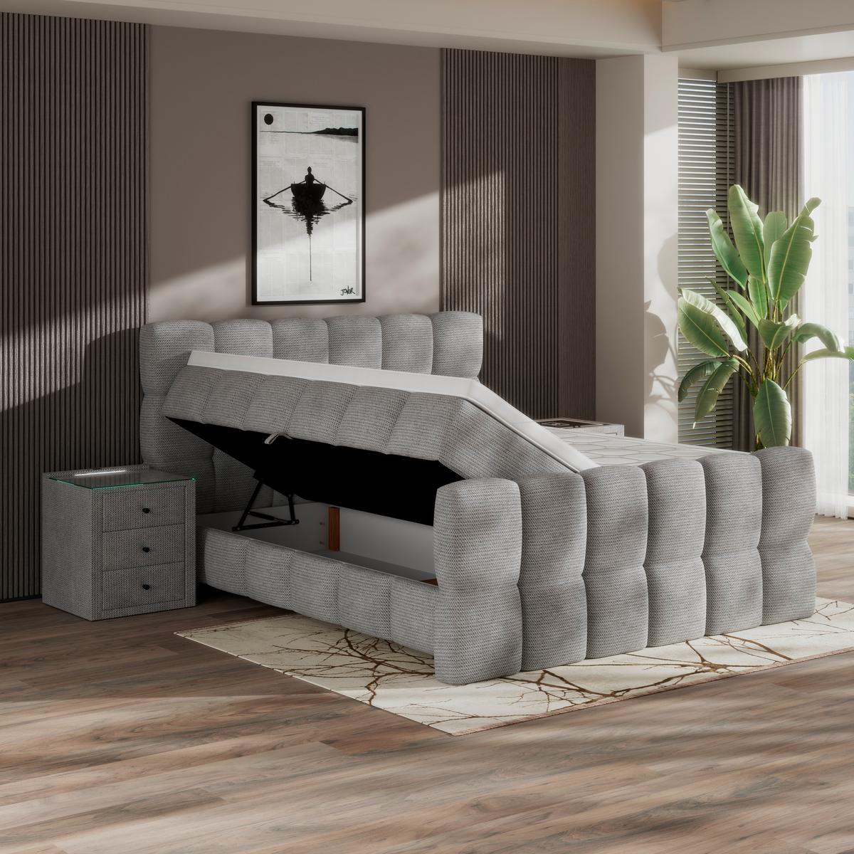 Boxspringbett Brisbane inkl. Bettkasten 200x200 - Hellgrau/Schwarz, Trend, Holz/Holzwerkstoff (200/200cm) - Sembella