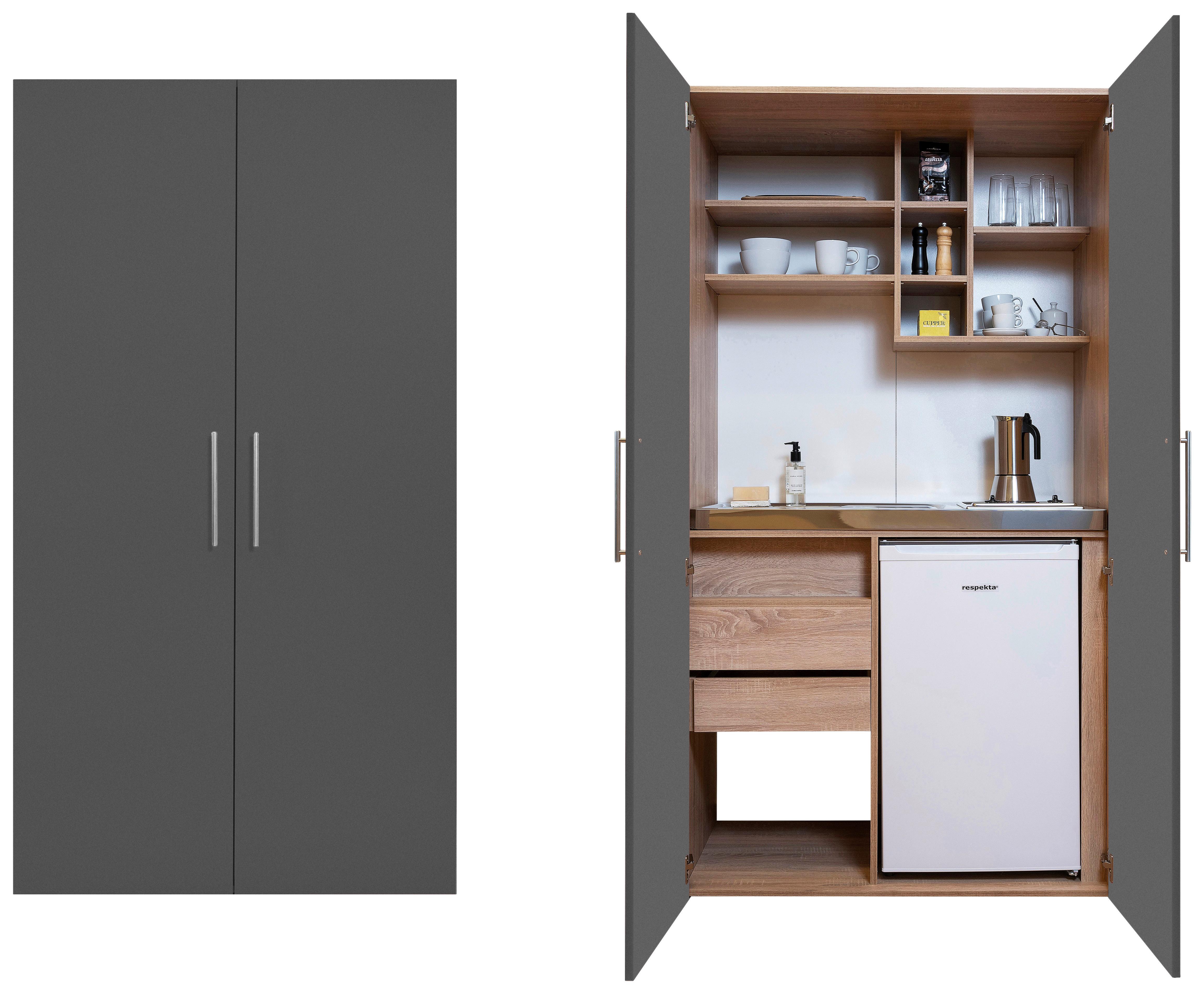 Schrankküche Mit Kühlschrank + Kochfeld 104 Cm Grau - Edelstahlfarben/Eichefarben, KONVENTIONELL, Holzwerkstoff/Metall (104/193/67cm) - Respekta