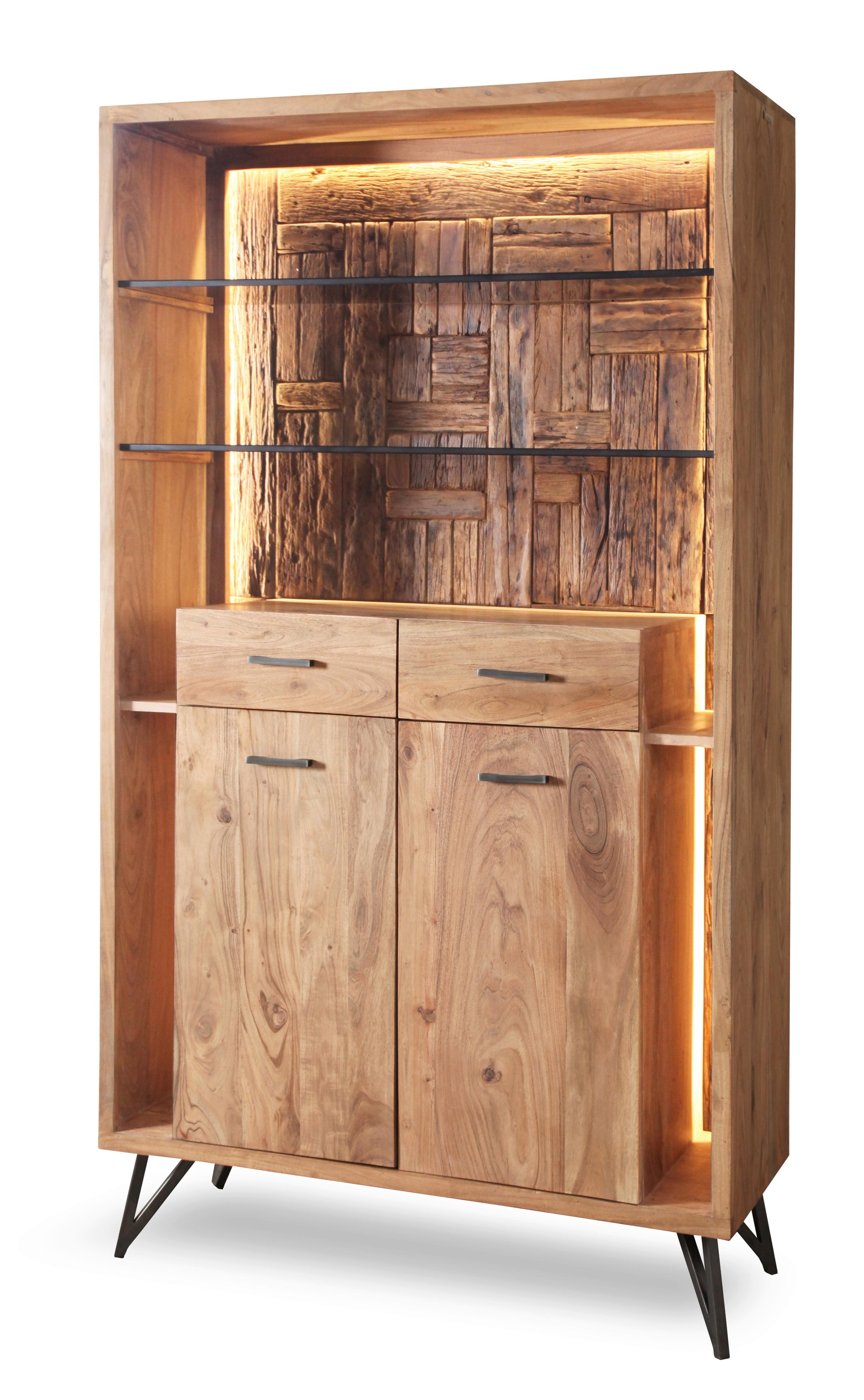 Vitrine Indira Akazie Massiv, B: 115 Cm - Schwarz/Akaziefarben, ROMANTIK / LANDHAUS, Glas/Holz (115/195/40cm)