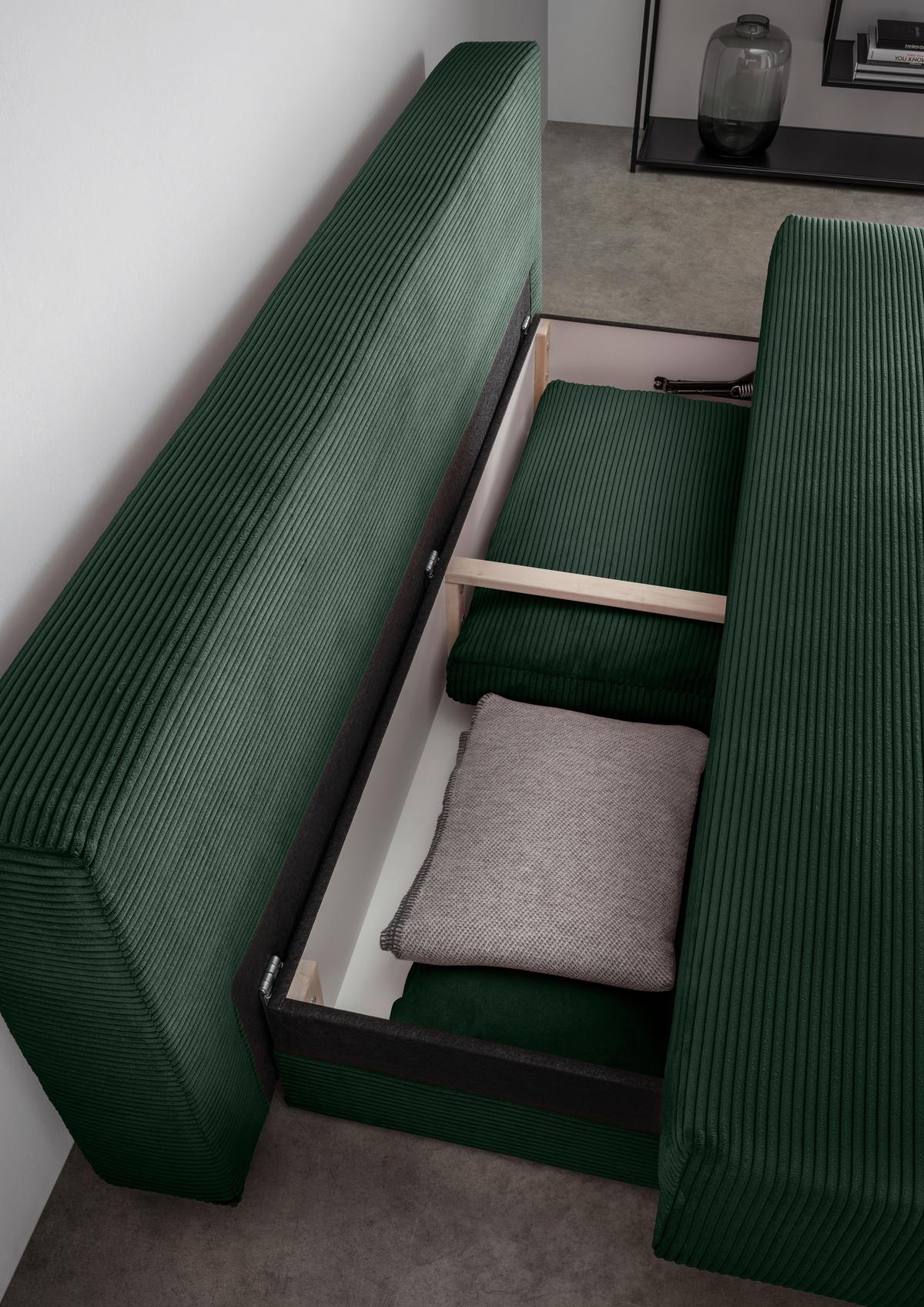 Schlafsofa Petri Dunkelgrün Cord, Rücken Echt B: 198 cm - Dunkelgrün/Schwarz, MODERN, Textil (198/90/100cm) - Livetastic