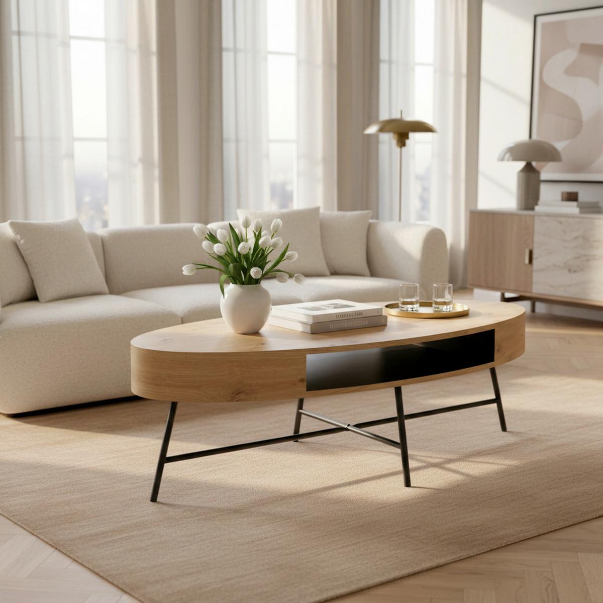 Konferenční stolek EMILIA - černá/barvy dubu, Moderní, kov (120/60/40cm) - Bessagi Home