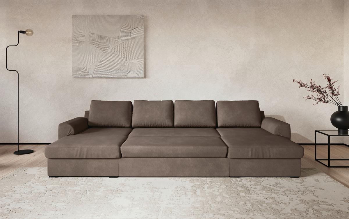 Wohnlandschaft m. Bettfunktion Mikrofaser taupe, B: 327cm - Taupe/Schwarz, Trend, Textil (154/327/86cm) - MID.YOU