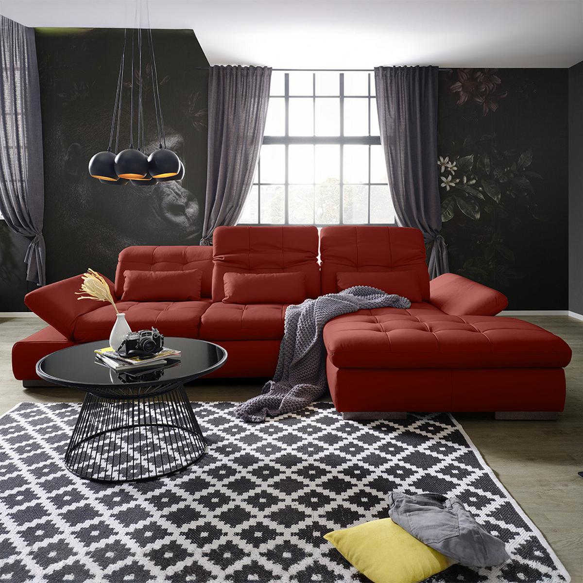Rohová sedačka SANFINO, pravá, červená pravá kůže - barvy chromu/červená, Konvenční, kov/kůže (305/79-96/199cm) - Premium Living