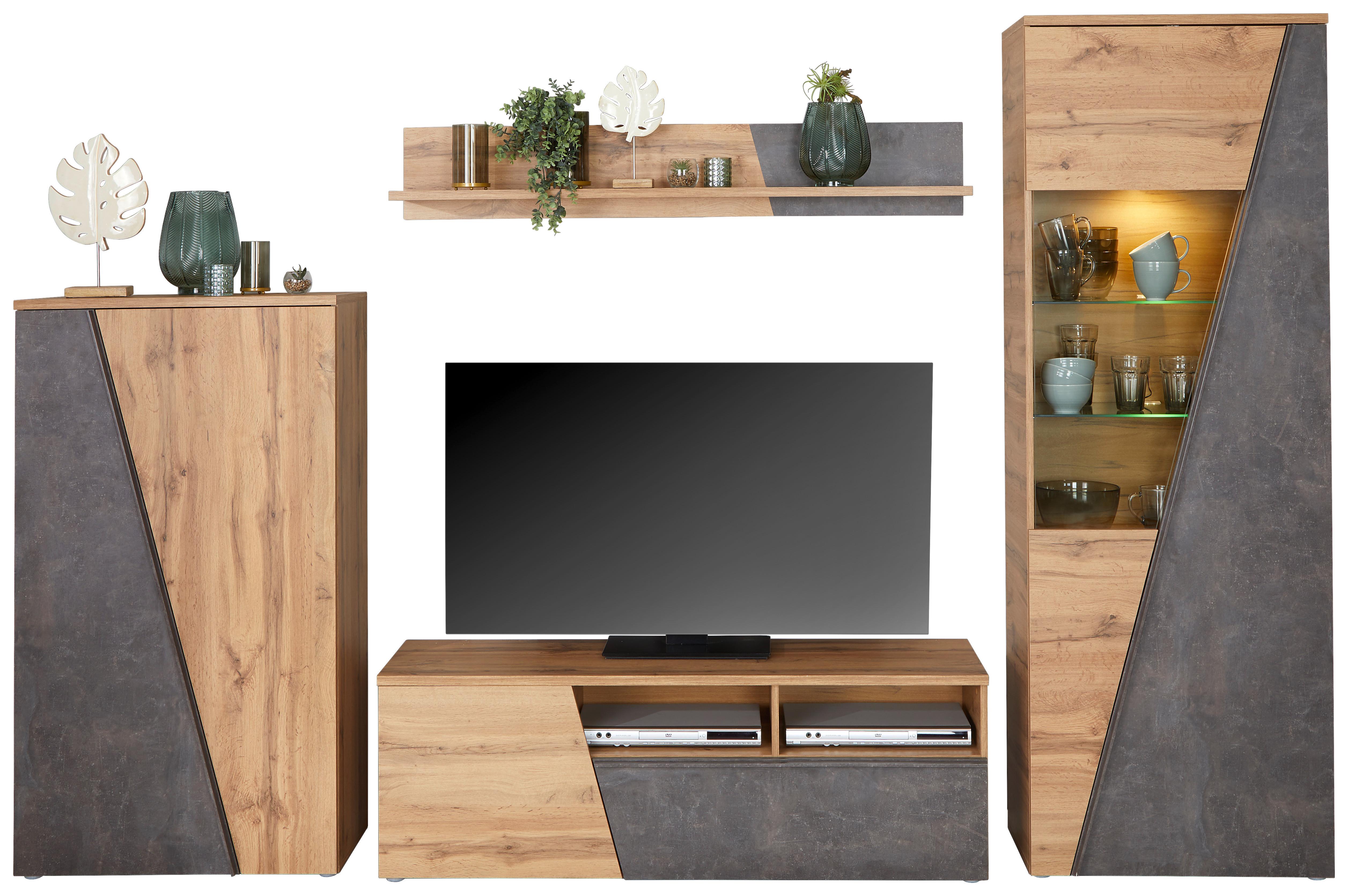 Wohnkombination Modern 4 Tlg. mit Led Venedig 1, Eiche Dekor - Eichefarben/Dunkelgrau, MODERN, Holzwerkstoff (287/196/40cm)