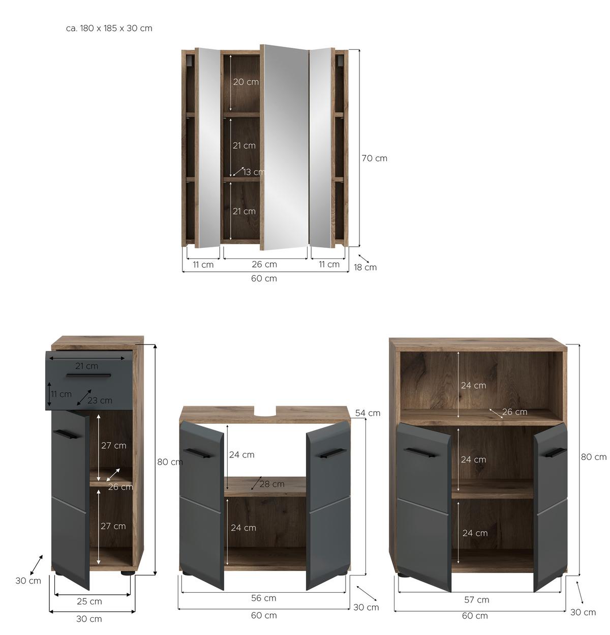 Badezimmer Ice Schwarz/Eiche Dekor B: 150cm - Eiche dunkel/Schwarz, Basics, Holzwerkstoff (150cm) - MID.YOU