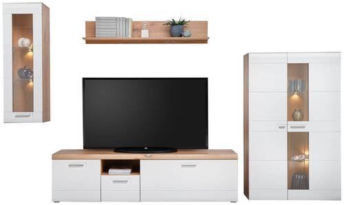 Wohnkombination 4-Tlg. Auris, Weiß/Eiche Dekor - Eichefarben/Weiß, MODERN, Glas/Holzwerkstoff (325,3/204,2/49,6cm) - Luca Bessoni
