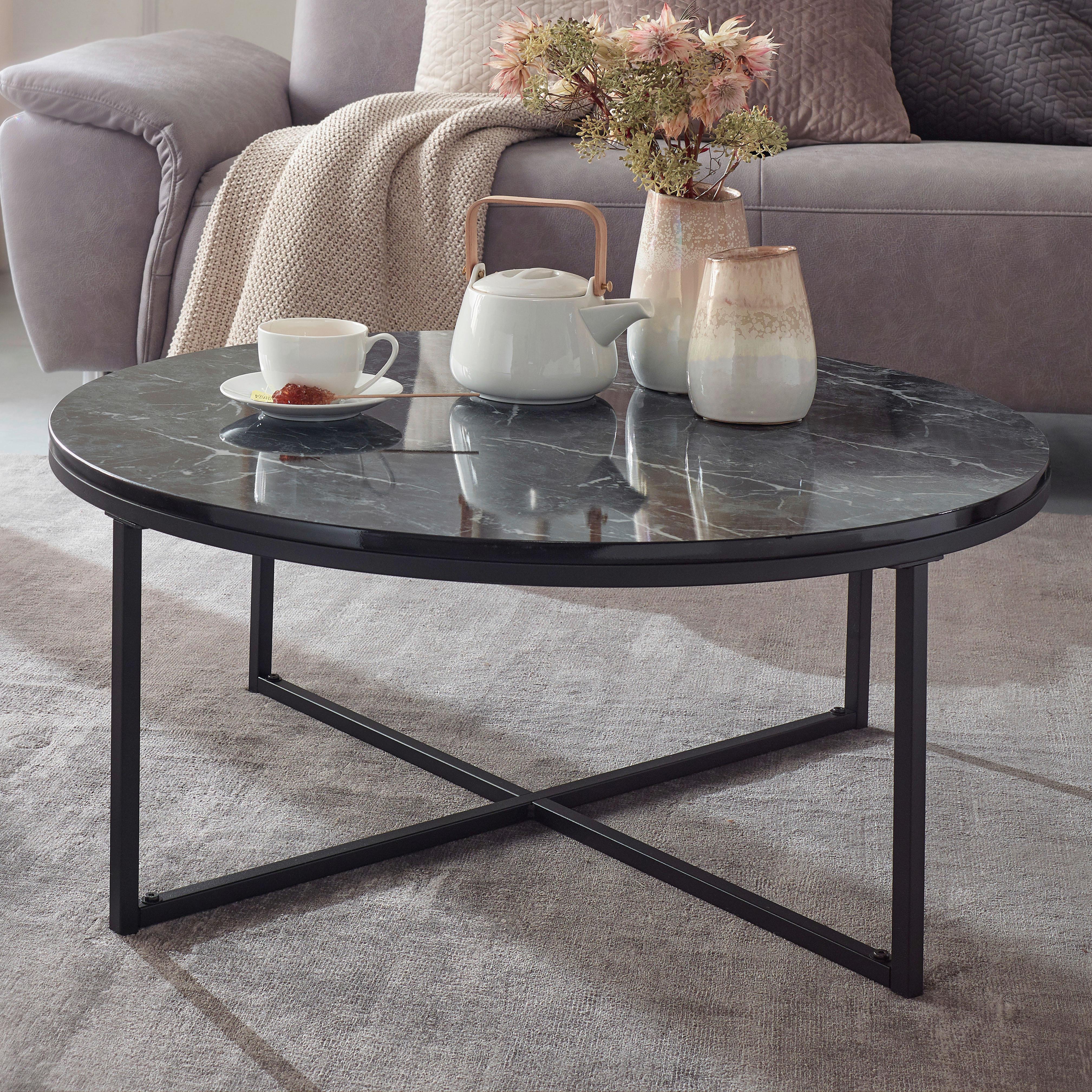 Couchtisch Rund In Marmoroptik mit Stahlgestell, Schwarz - Schwarz, KONVENTIONELL, Holzwerkstoff/Metall (80/36cm) - MID.YOU