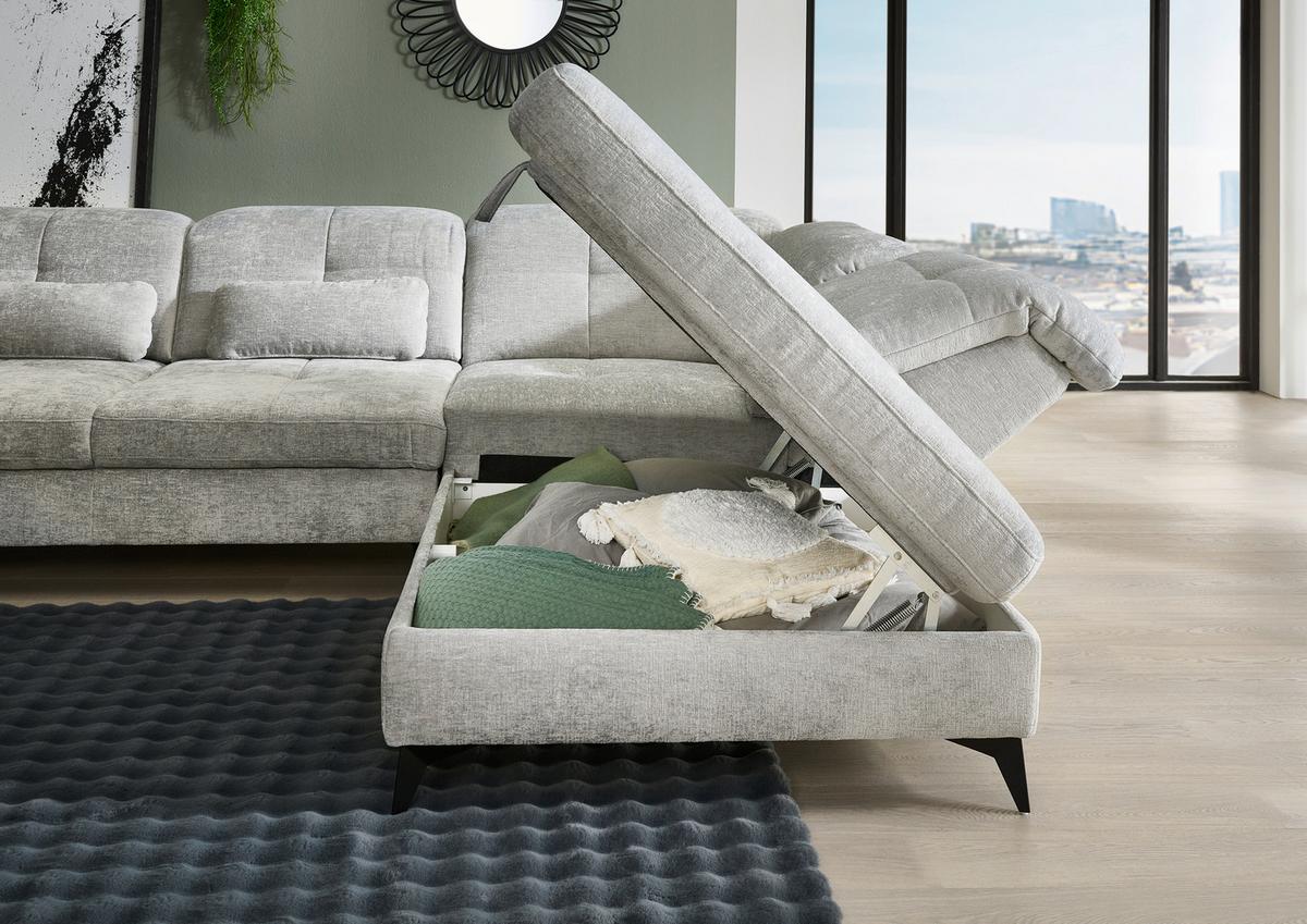 Sedačka SORENA L, pravá, sv.šedá žinylka, s funkcemi - černá/světle šedá, Moderní, kov/textil (311/255cm) - Premium Living