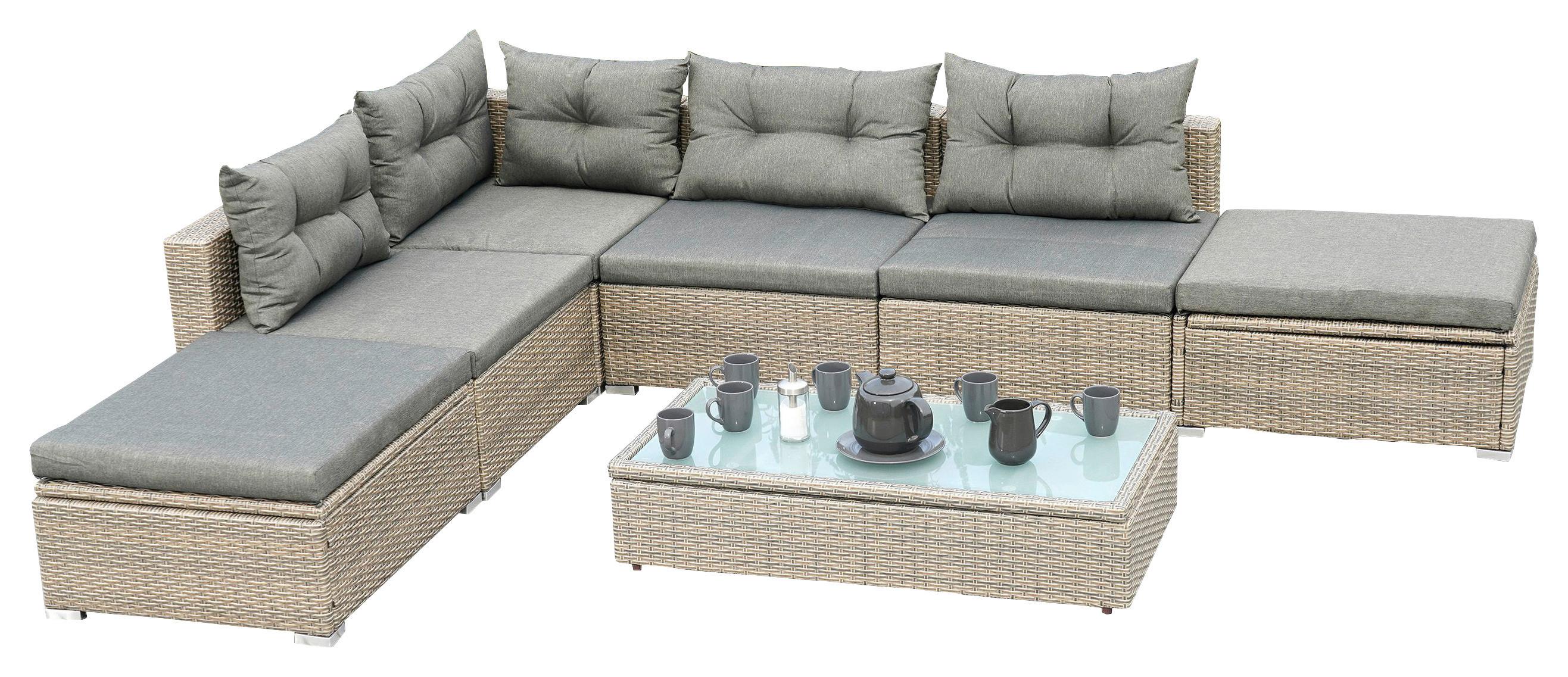 Loungegarnitur 6-tlg. Vilemanzano Aus Kunststoff - Naturfarben/Grau, MODERN, Glas/Kunststoff - Gardenson