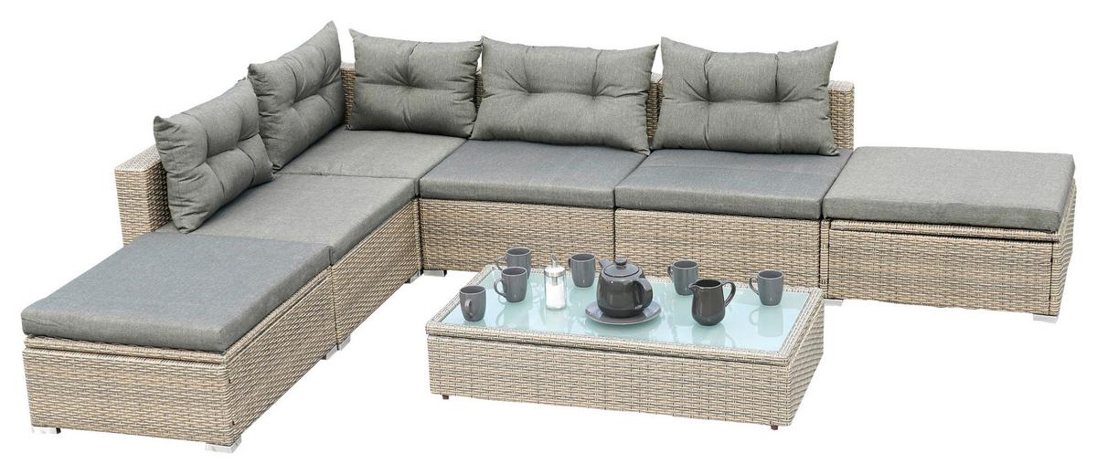 Loungegarnitur 7-Tlg. Vilemanzano aus Kunststoff - Naturfarben/Grau, MODERN, Glas/Kunststoff - Gardenson