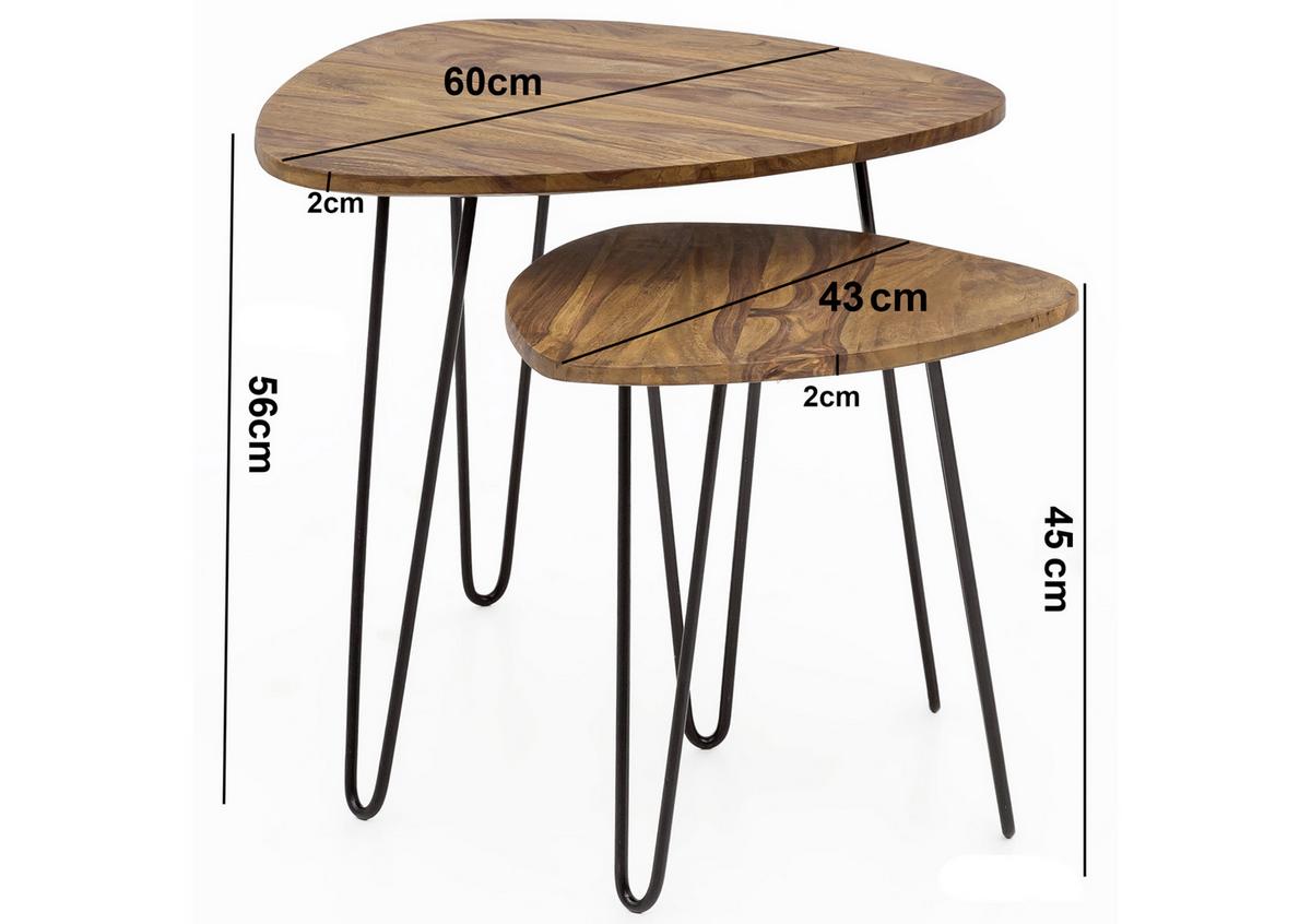 Beistelltisch 2-Teilig Mit Echtholz, Sheesham/Schwarz - Sheeshamfarben/Schwarz, Design, Holz/Metall (60/56/60cm) - MID.YOU
