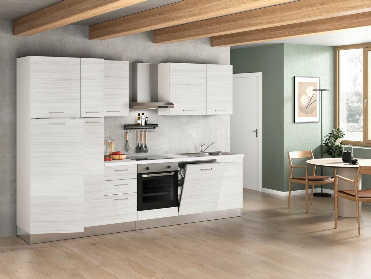 Küchenzeile Olimpia Mit Kühlschrank 300 cm Weiß - Eukalyptusholzfarben/Alufarben, LIFESTYLE, Holzwerkstoff/Kunststoff (300cm) - MID.YOU