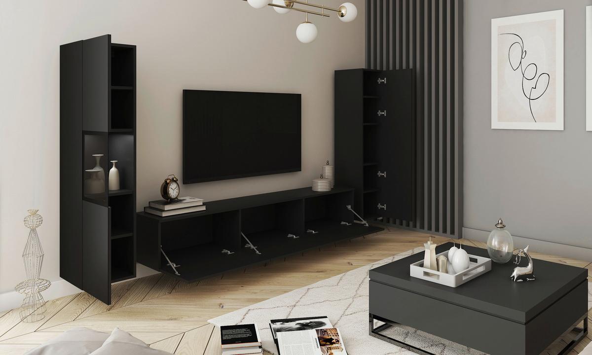 Wohnwand Berlin IIi Schwarz B: 240 cm - Schwarz/Grau, Design, Glas/Holzwerkstoff (240/130/31cm) - MID.YOU