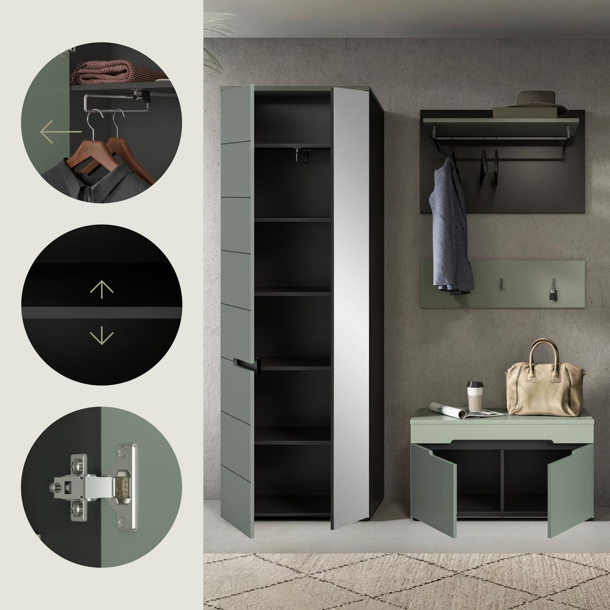 Garderobe Canu 3-teilig Grau/grün B: 160 Cm - Graugrün/Grau, Design, Holzwerkstoff (160/190/37cm) - Livetastic