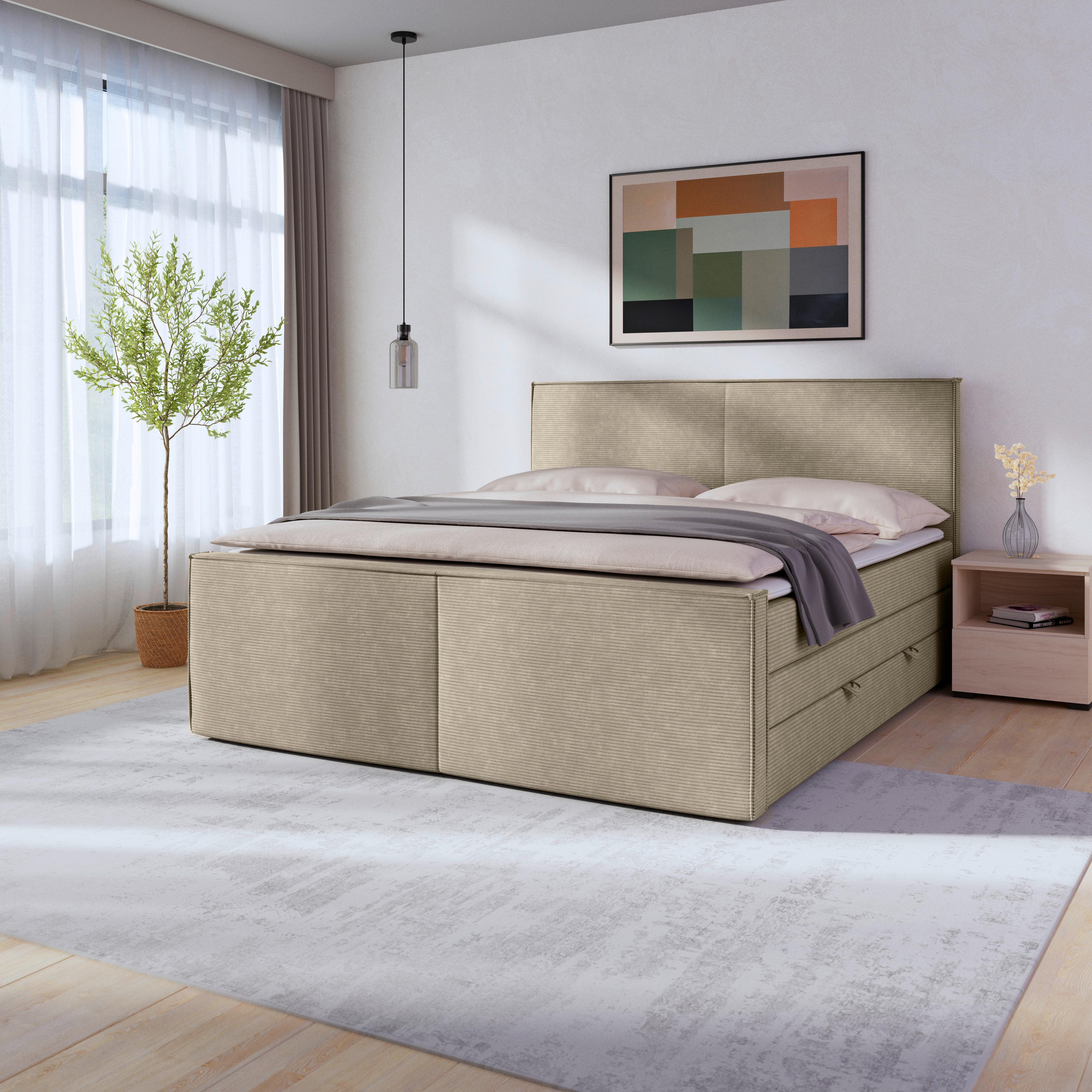 Boxspringbett Algier Beige Inkl.bettkasten, L: 180 Cm - Beige/Schwarz, MODERN, Karton/Holzwerkstoff (180/200cm) - MID.YOU