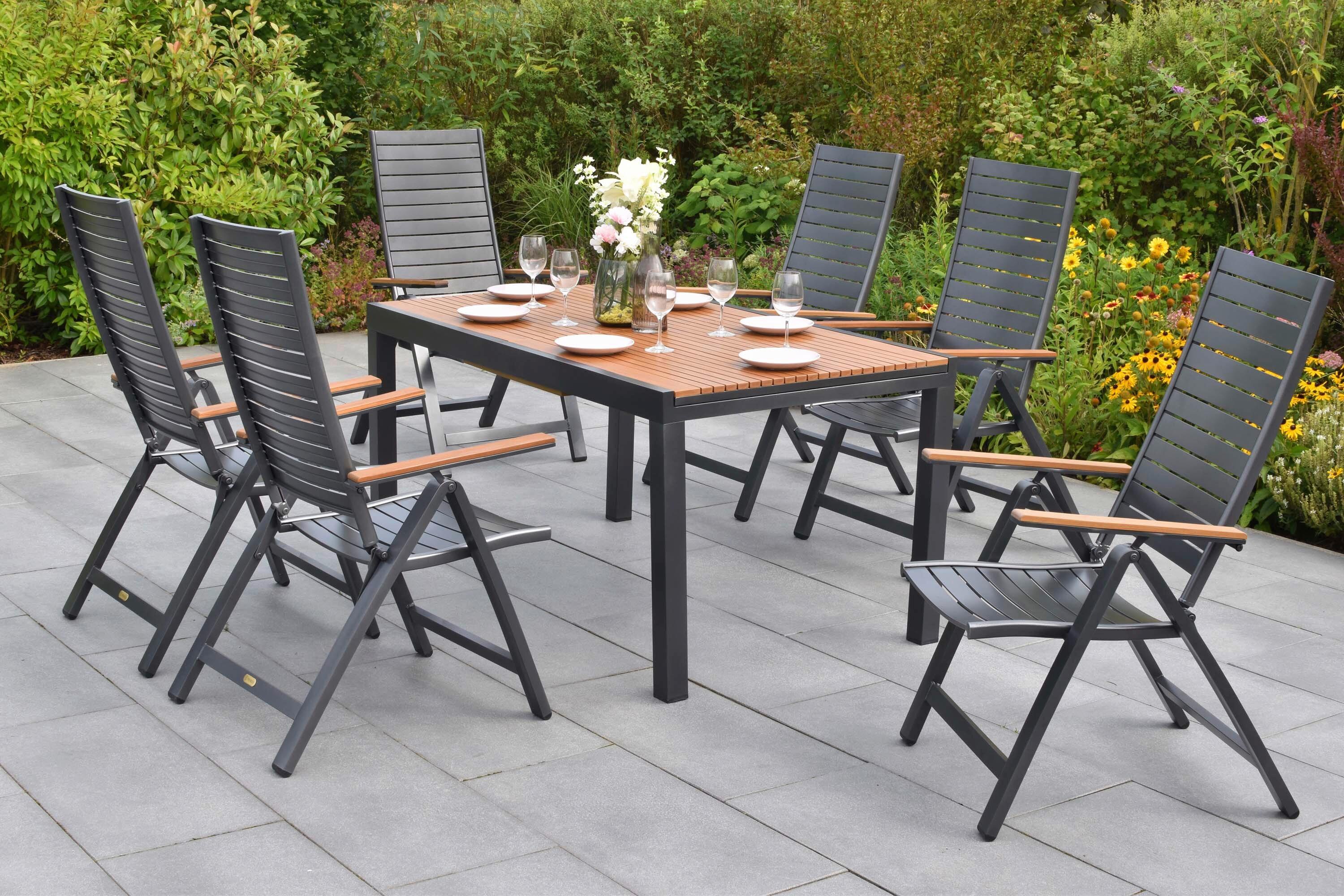 Gartentischgruppe Astros 7 -Teilig. Graphitfarben/Natur - Graphitfarben/Naturfarben, KONVENTIONELL, Kunststoff/Metall - Gardenson