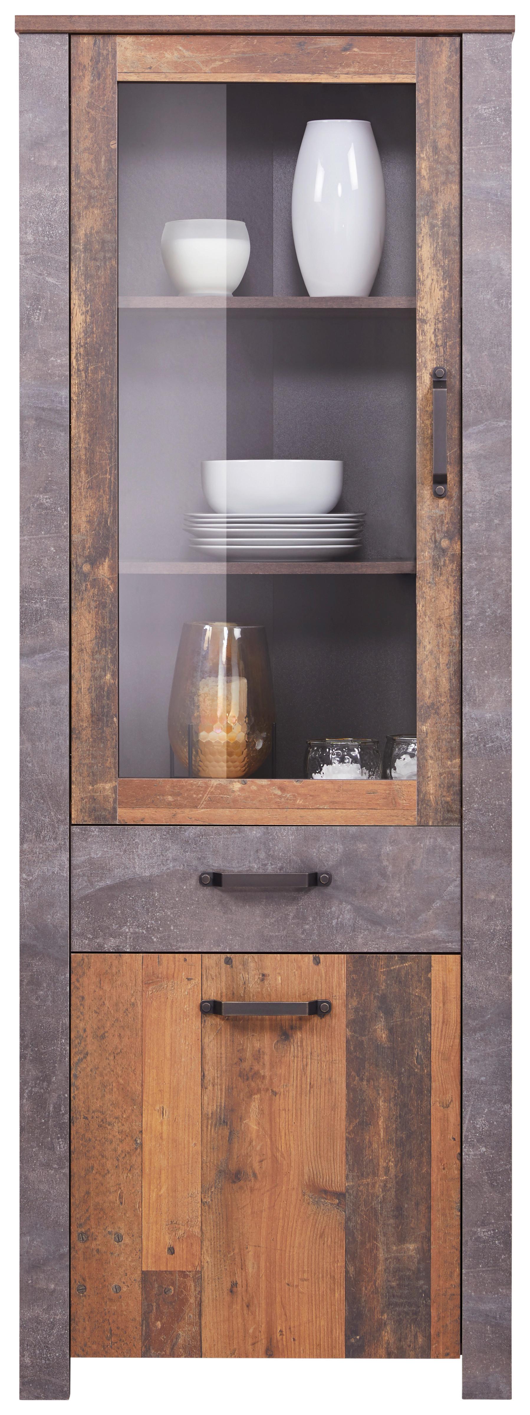 Vitrine Ontario B: 71,4 cm Old Style Dekor/Betonoptik - Dunkelgrau/Eichefarben, Trend, Glas/Holzwerkstoff (71,4/200/41,5cm) - Ondega