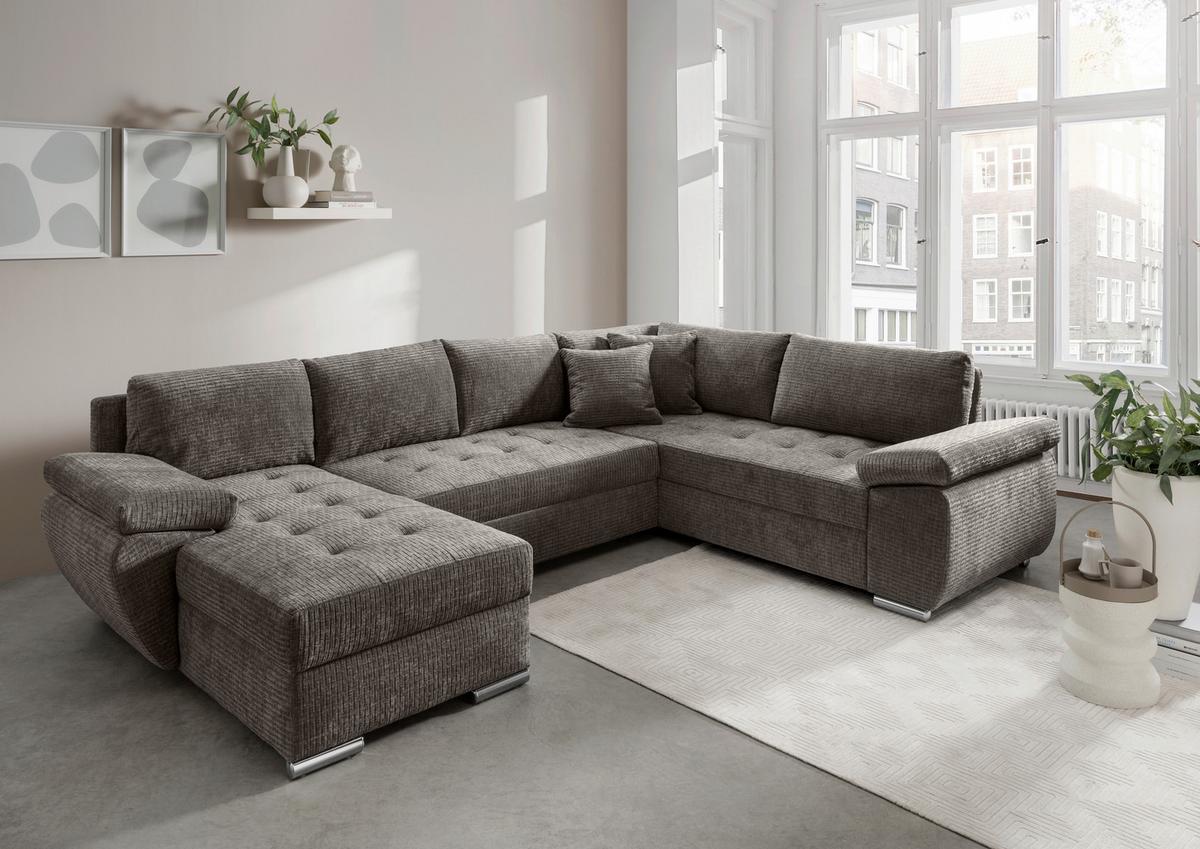 Wohnlandschaft Terana Graubr. mit Schlaffunktion, Mikrofaser - Chromfarben/Graubraun, KONVENTIONELL, Textil (157/305/219cm) - Livetastic