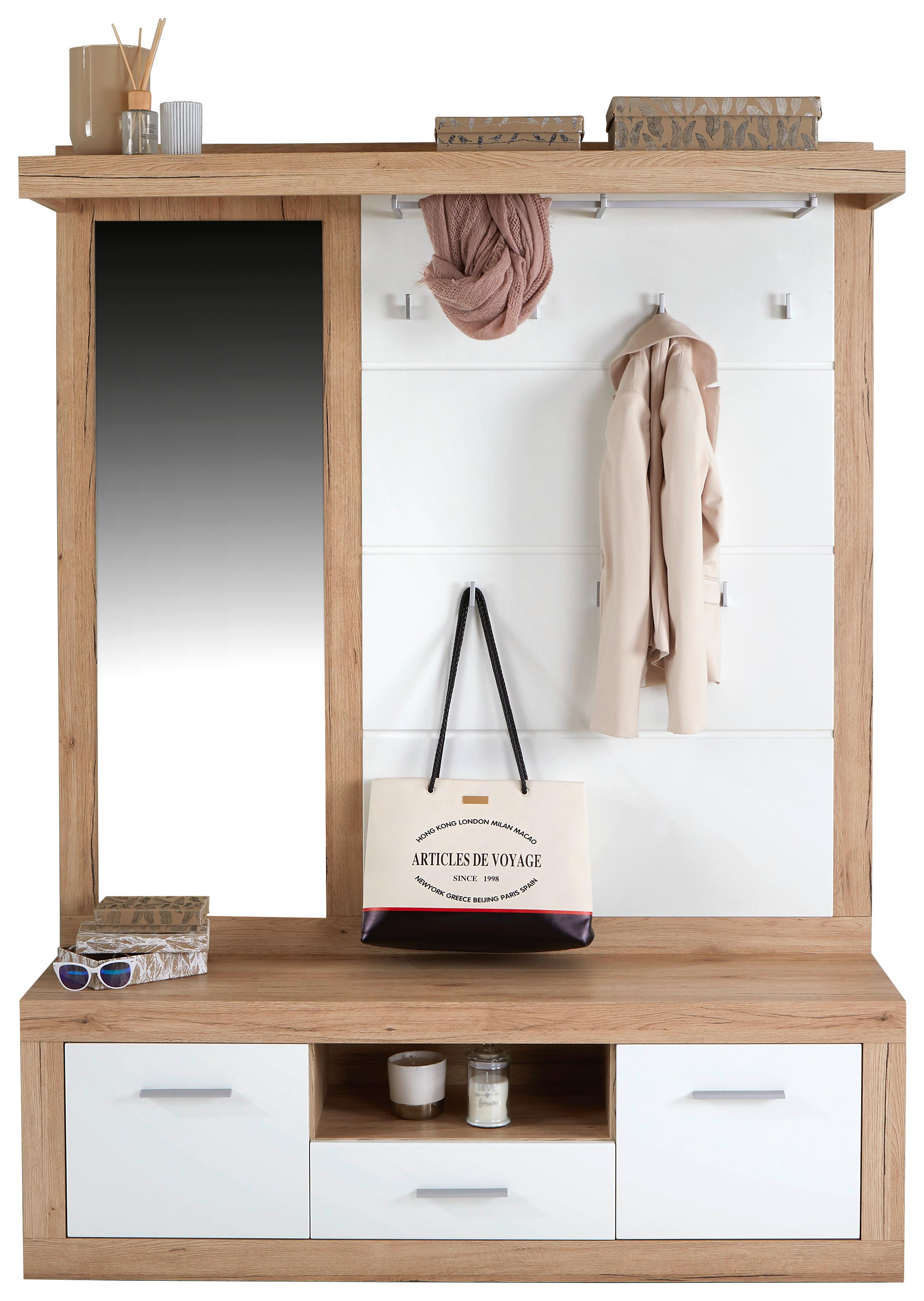 Garderobe Malta Eiche Dekor/ Weiß B: 145 cm mit Spiegel - Eichefarben/Weiß, MODERN, Holzwerkstoff (145/197/36cm)