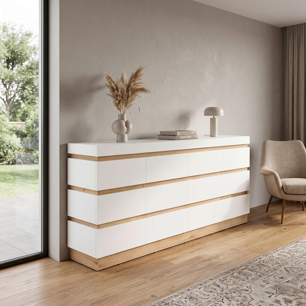 Sideboard Calabria Weiß/Eiche Dekor B: 201,2 cm - Eichefarben/Weiß, Trend, Holzwerkstoff (201,2/92,5/45cm)