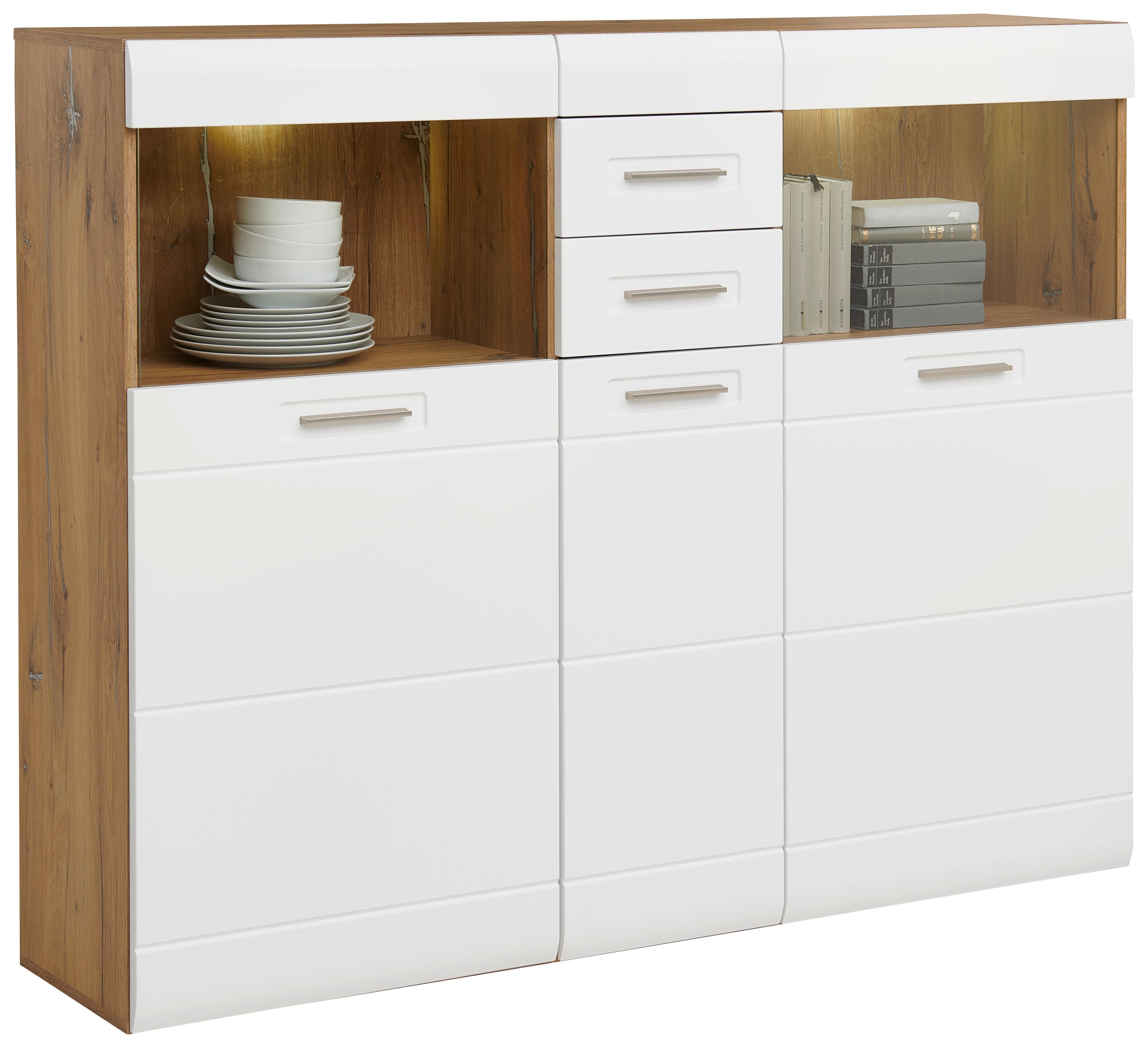 Highboard Mit Glaselementen B: 154,9 Auris, Weiß/eiche Dekor