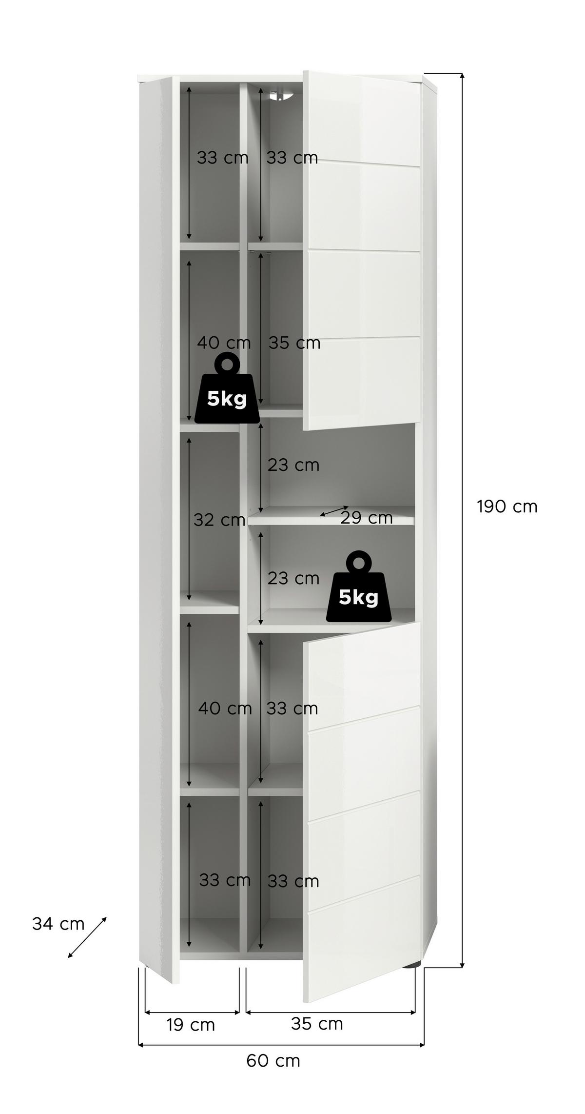 Hochschrank Vira Weiß B: 60 cm - Weiß Hochglanz/Schwarz, MODERN, Holzwerkstoff (60/190/34cm) - MID.YOU