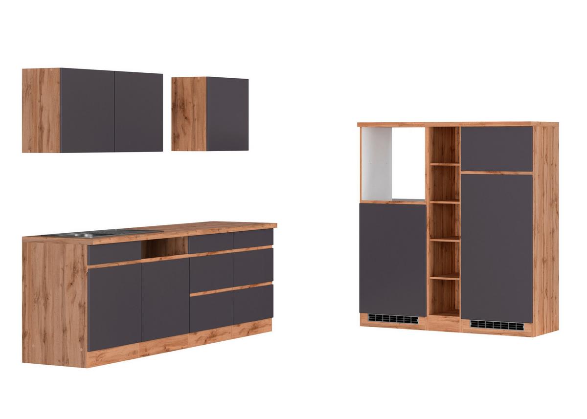 Zweizeilige Küche Turin 390 cm Grau/ Wotaneiche Dekor - Eiche Wotan/Grau, Design, Holzwerkstoff (390cm) - Held